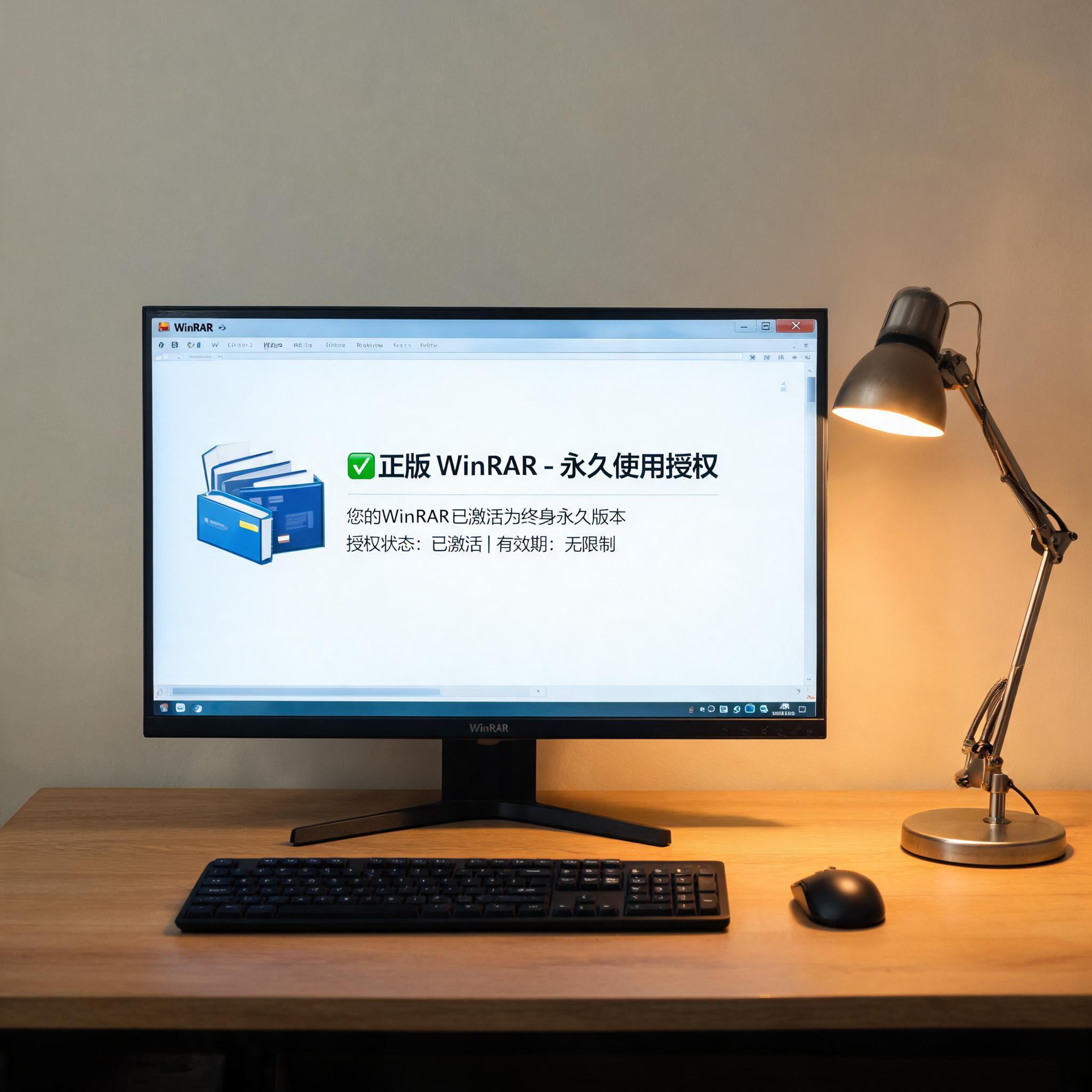 电脑桌上的电脑，屏幕显示正版 winrar 解压缩永久使用界面，旁边放着台灯