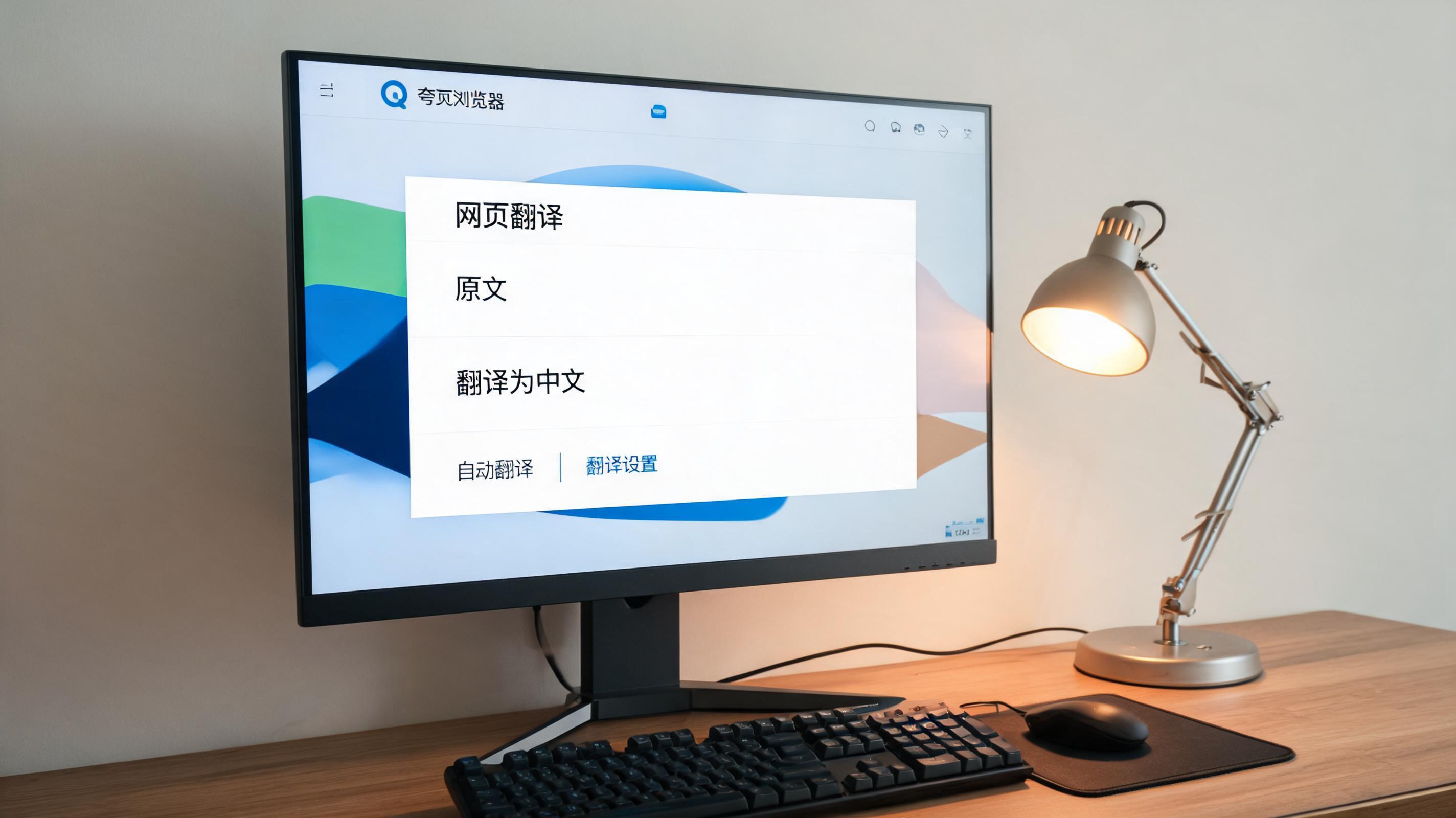 电脑桌上的电脑，屏幕显示夸克浏览器网页翻译功能菜单，旁边放着台灯