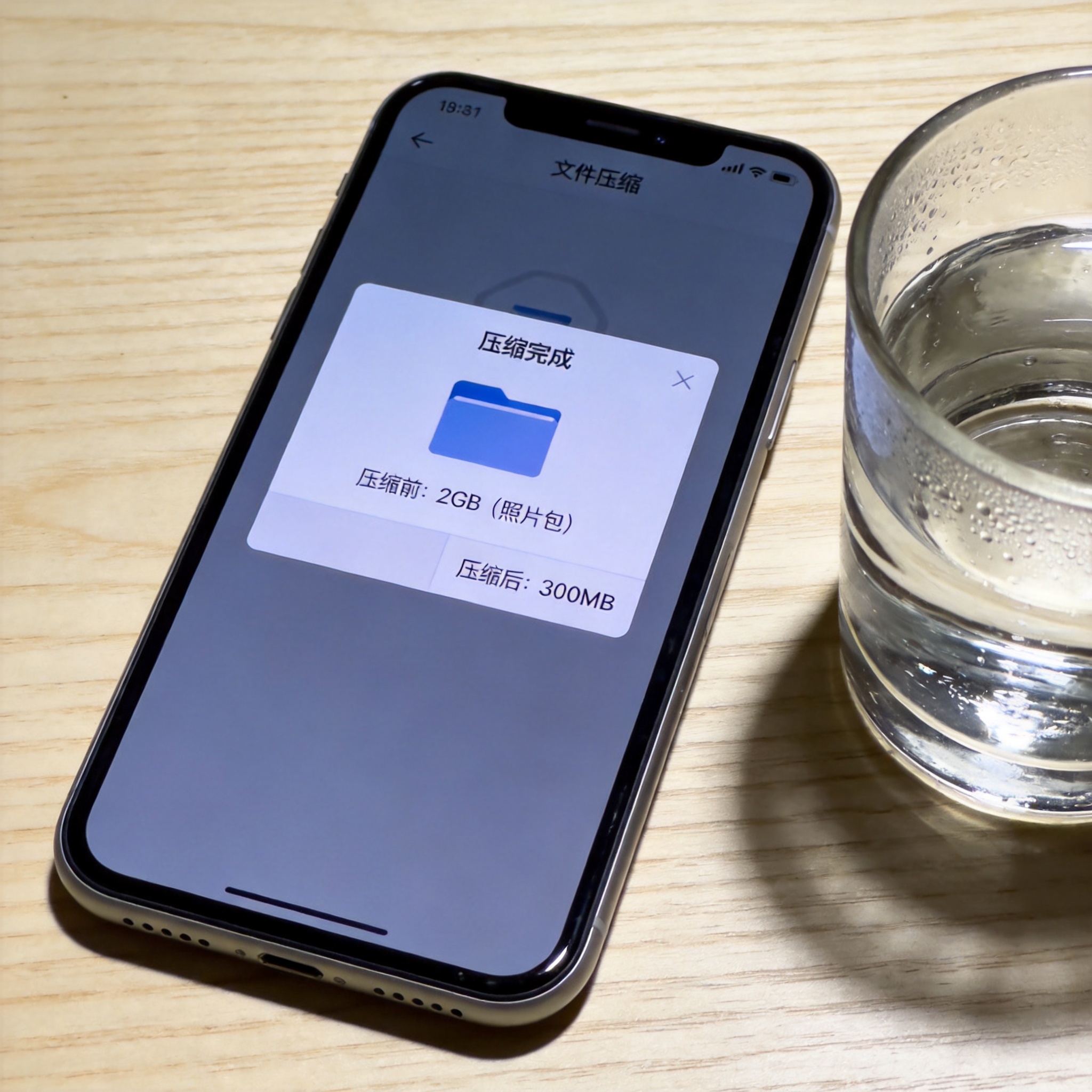 桌面的手机屏幕上，手机文件压缩解压缩软件界面显示压缩完成提示，压缩前体积2GB的照片包，压缩后为300MB，旁边放着半杯清水