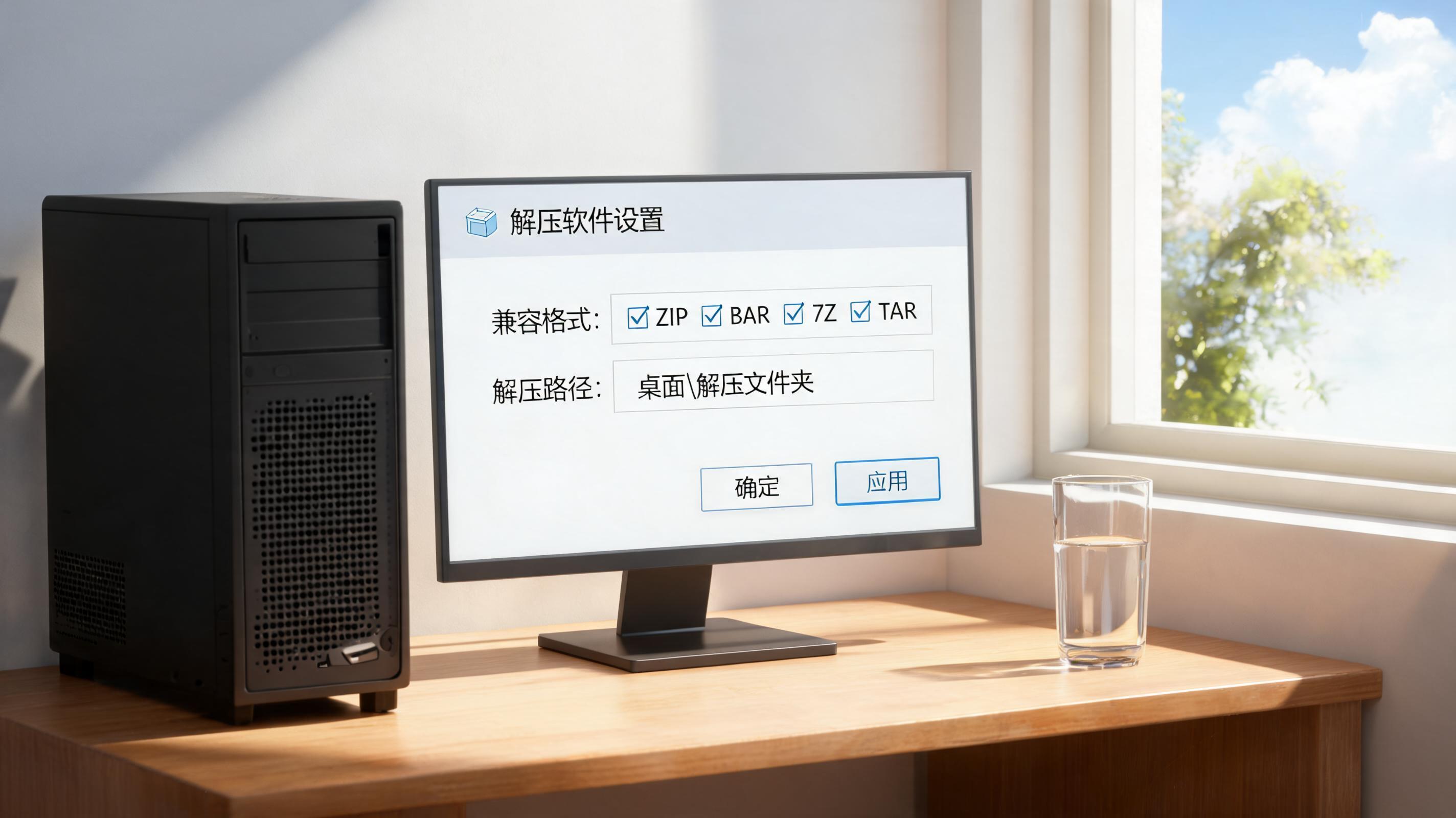 书桌上的主机，屏幕显示多格式兼容解压缩软件设置界面，桌角放着水杯，自然光