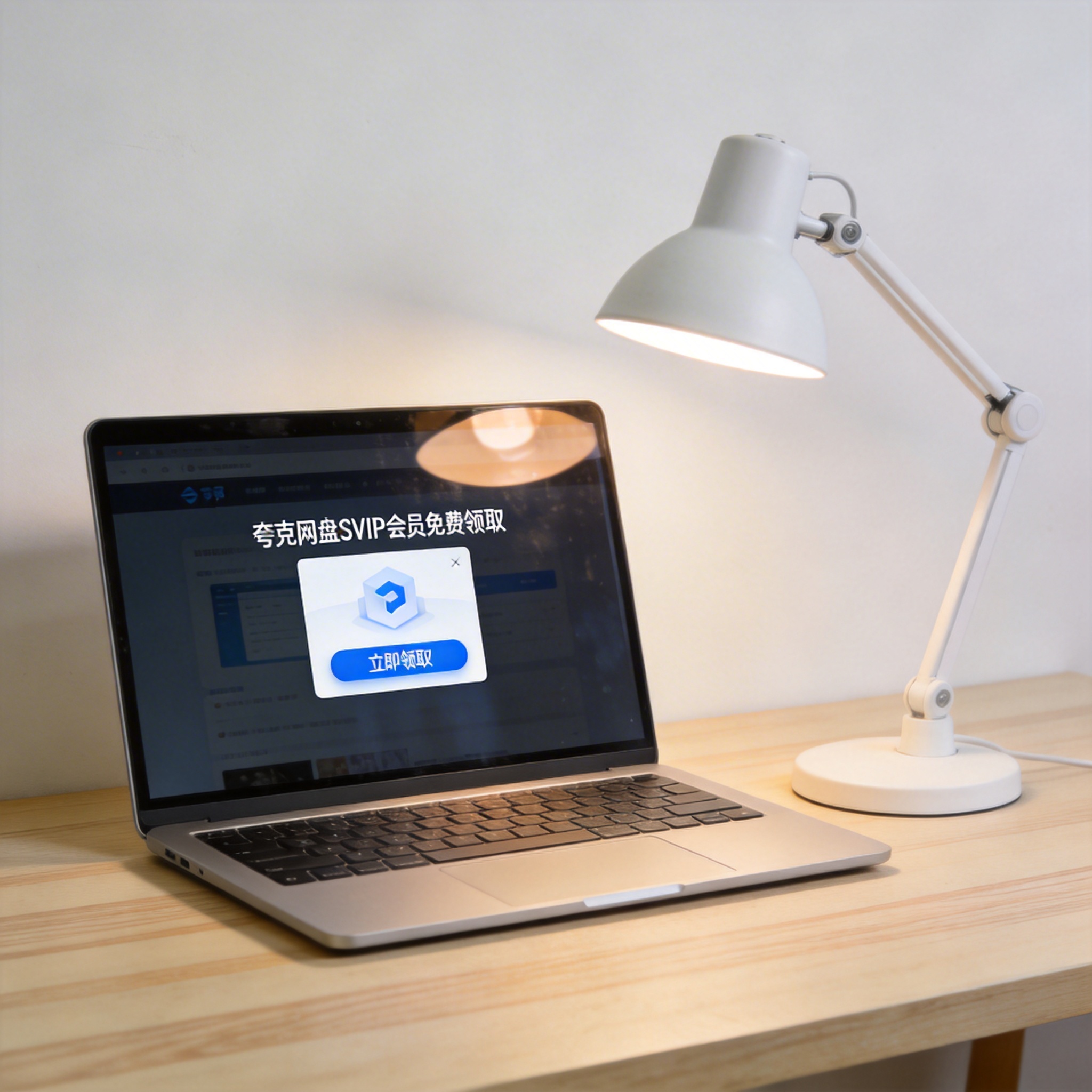 电脑桌上的电脑，屏幕显示夸克网盘 SVIP 会员免费领取界面，旁边放着台灯
