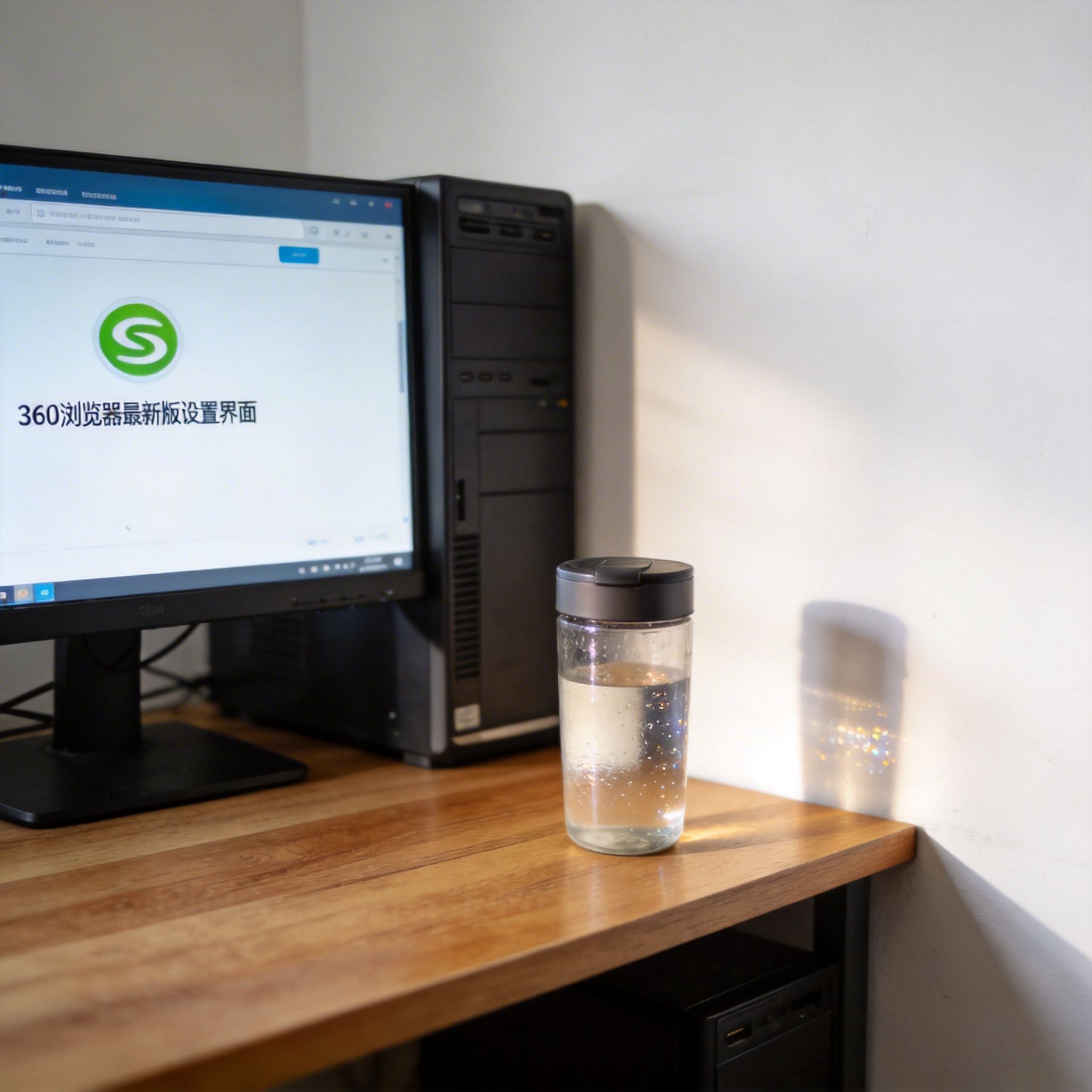 书桌上的主机，屏幕显示360 浏览器最新版设置界面，桌角放着水杯，自然光