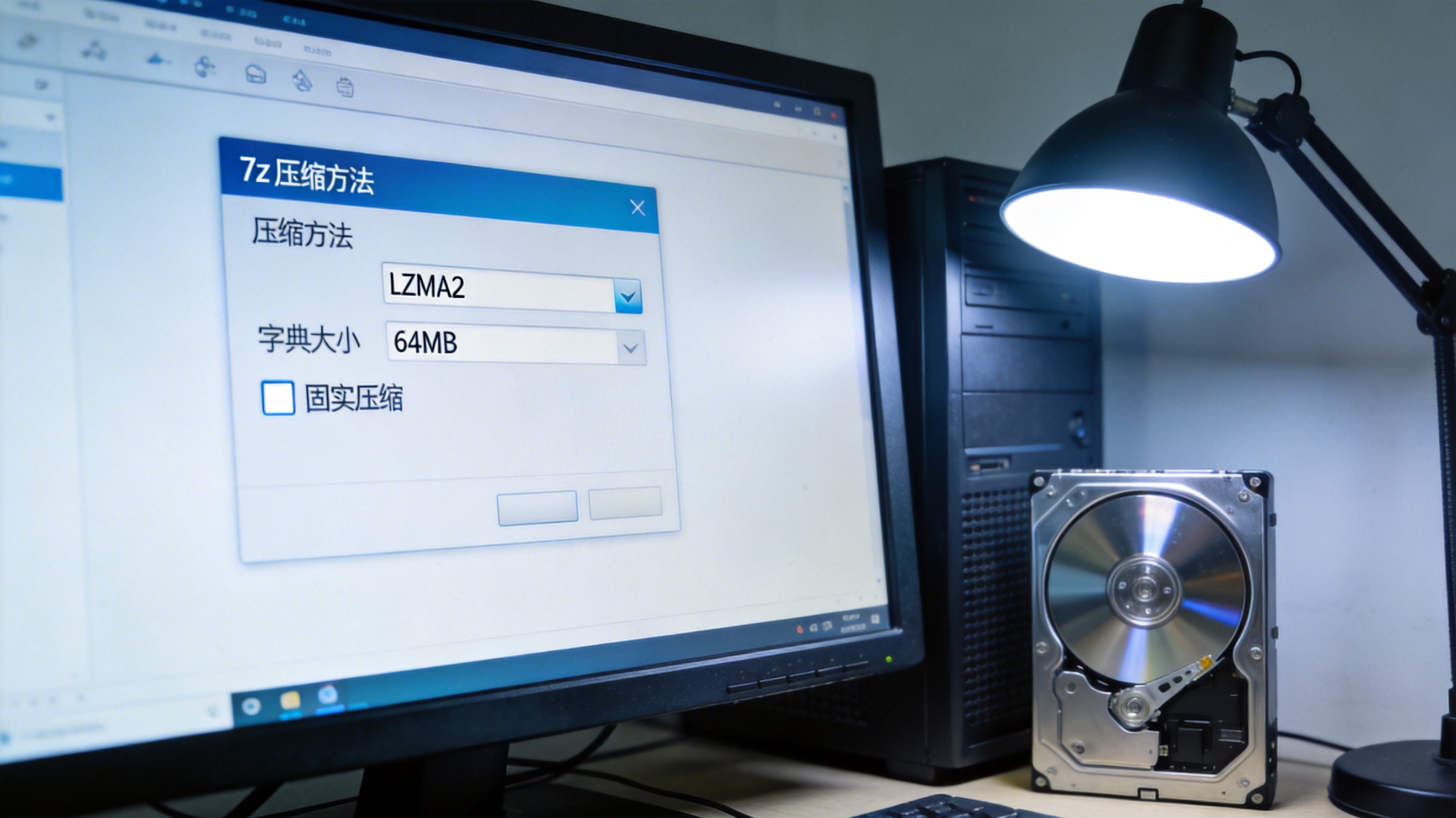 台式机屏幕显示7z压缩设置界面，压缩方法选LZMA2，字典大小设为64MB，勾选固实压缩选项，机箱旁放着硬盘，台灯冷光
