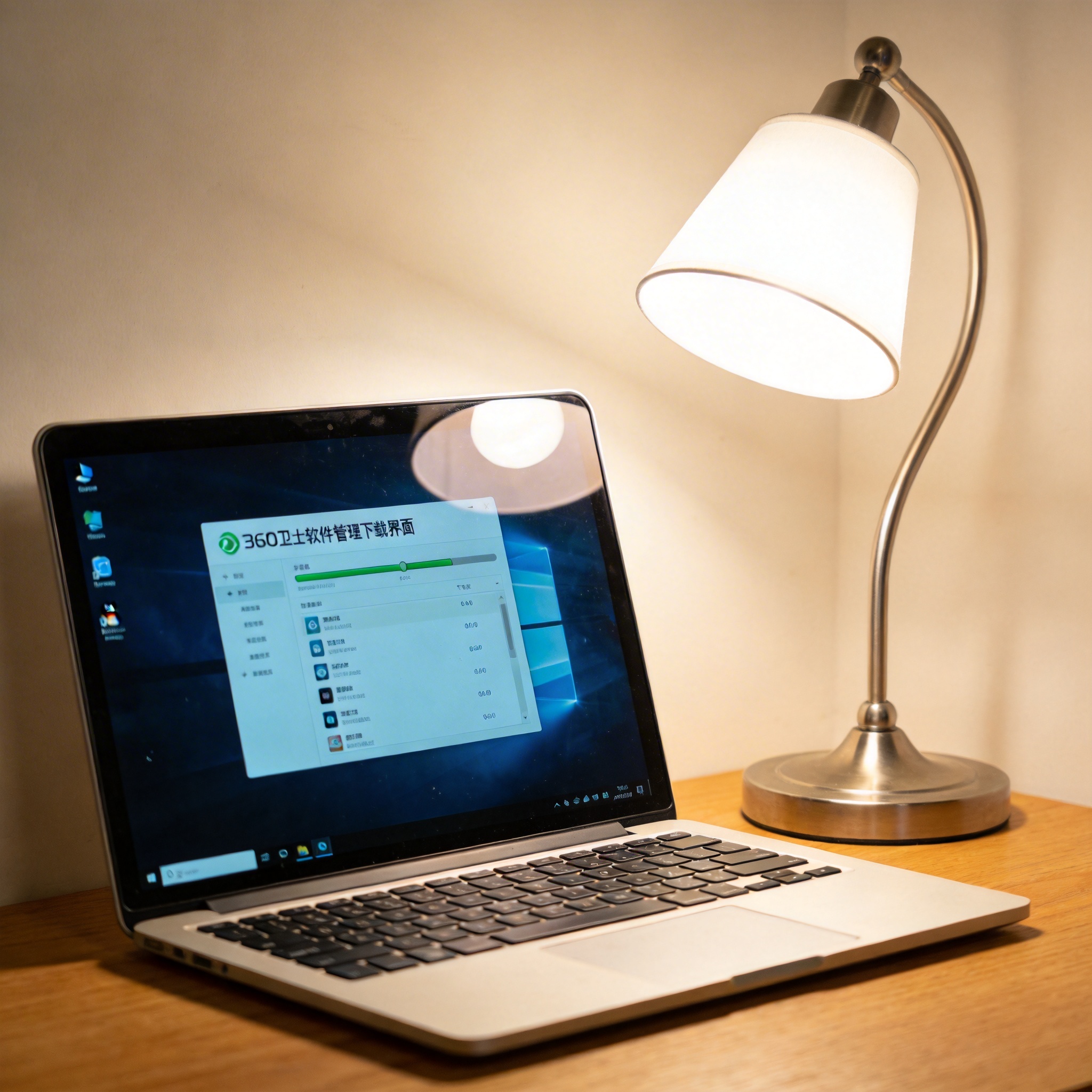电脑桌上的电脑，屏幕显示360 卫士软件管理下载界面，旁边放着台灯
