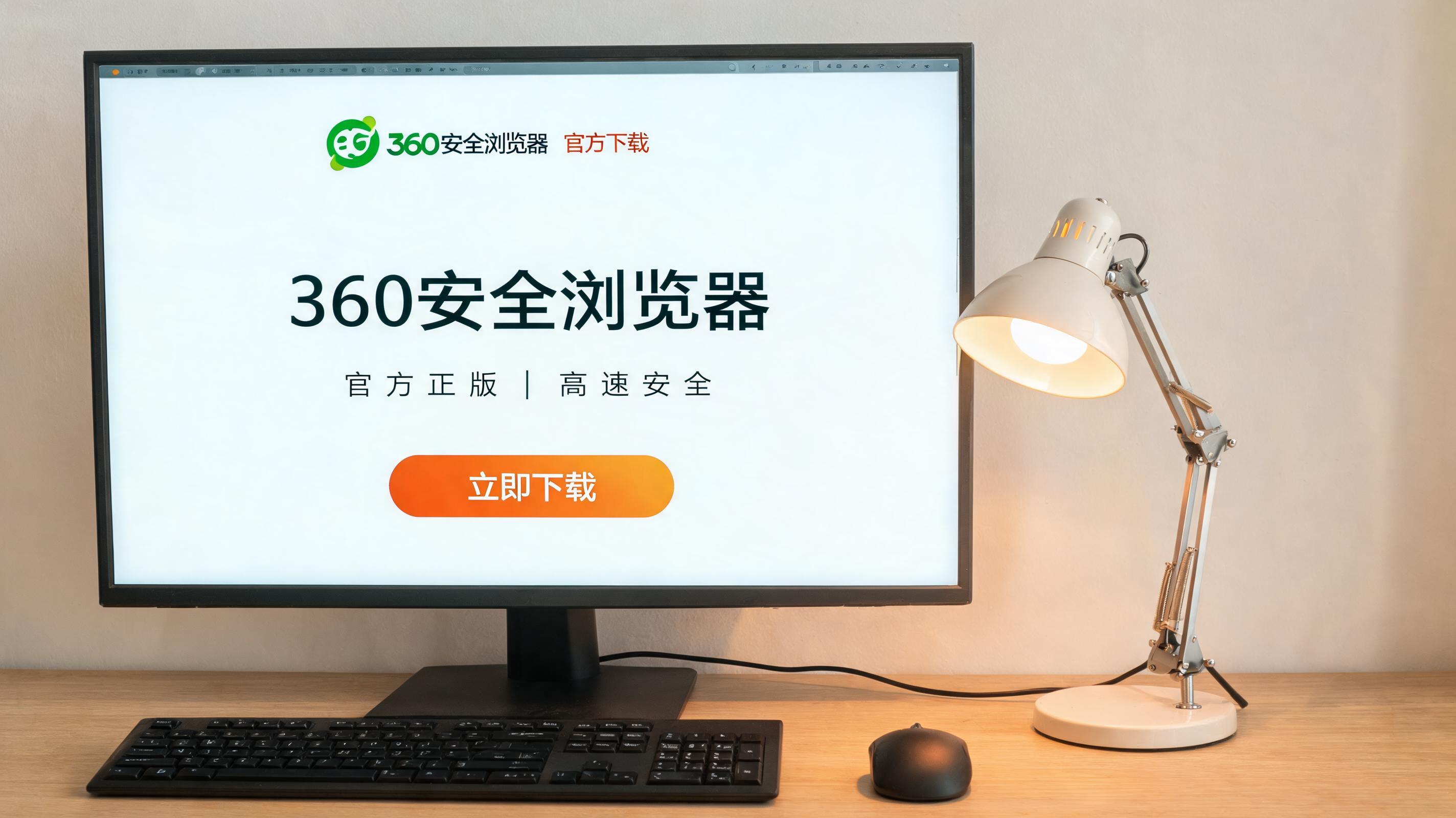 电脑桌上的电脑，屏幕显示360 安全浏览器官方下载界面，旁边放着台灯