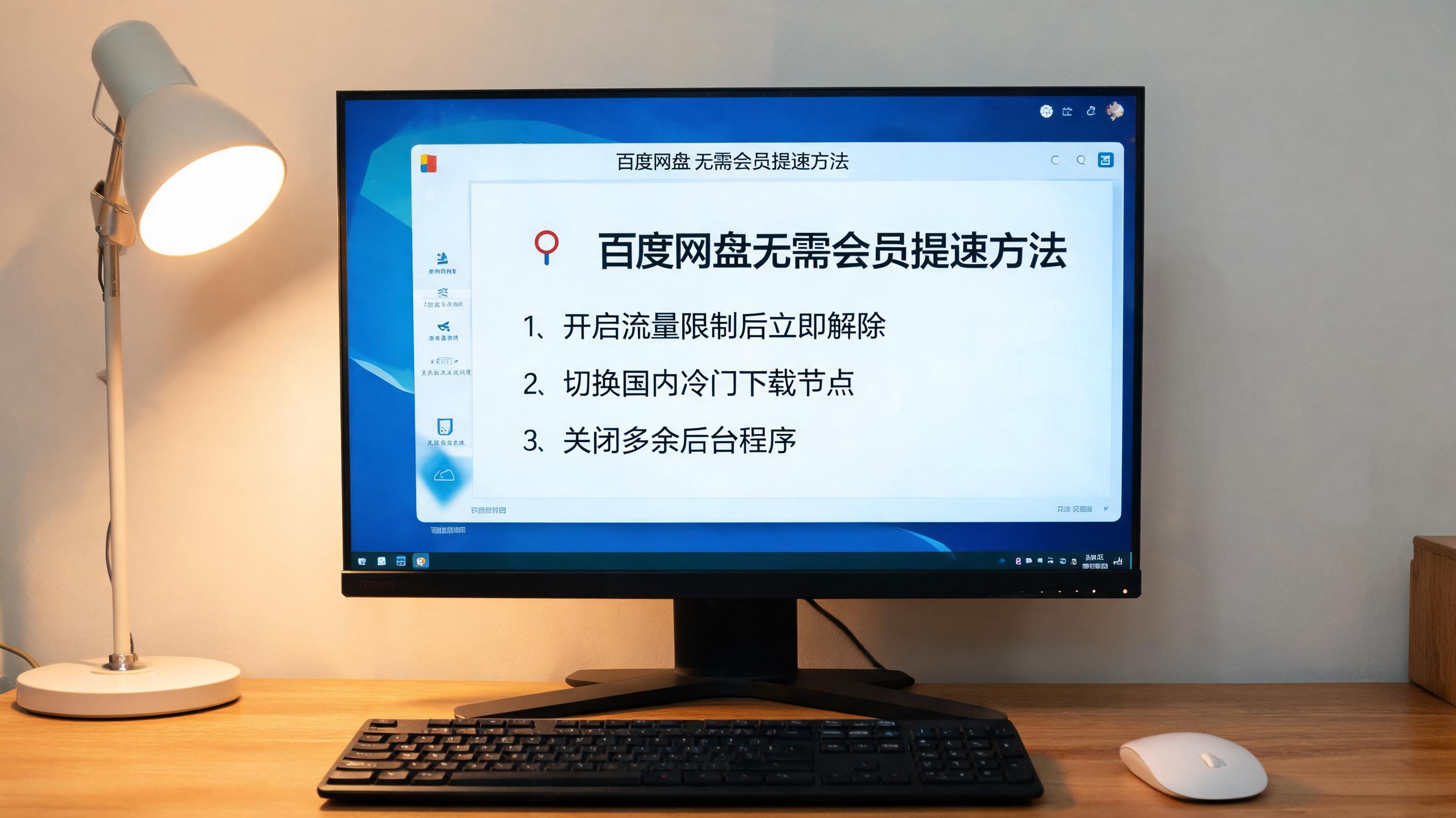 电脑桌上的电脑，屏幕显示百度网盘提速方法无需会员窗口，旁边放着台灯