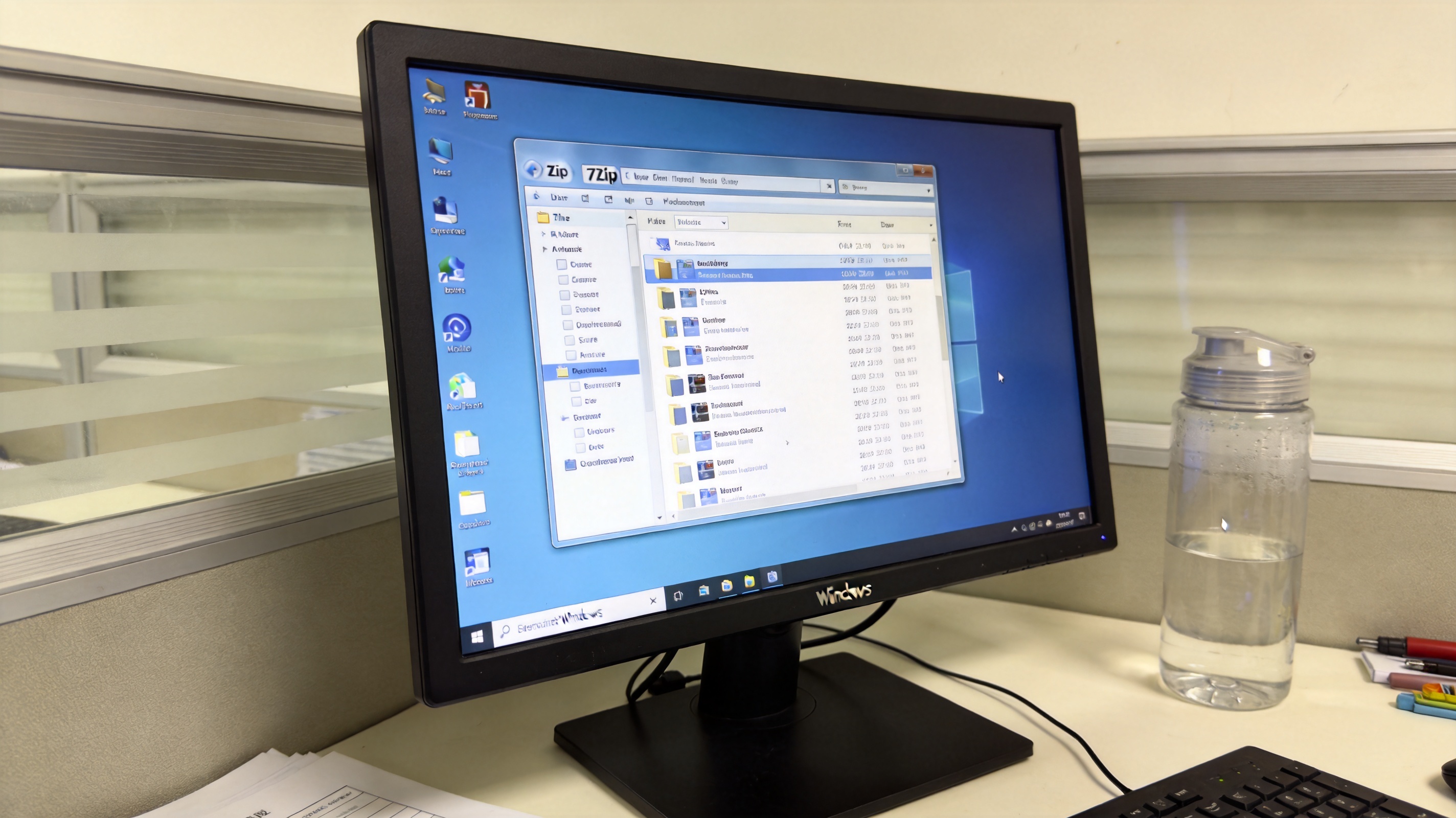 办公桌面的Windows系统电脑，屏幕显示7Zip软件的文件选择界面，旁边放着塑料水杯，室内自然光