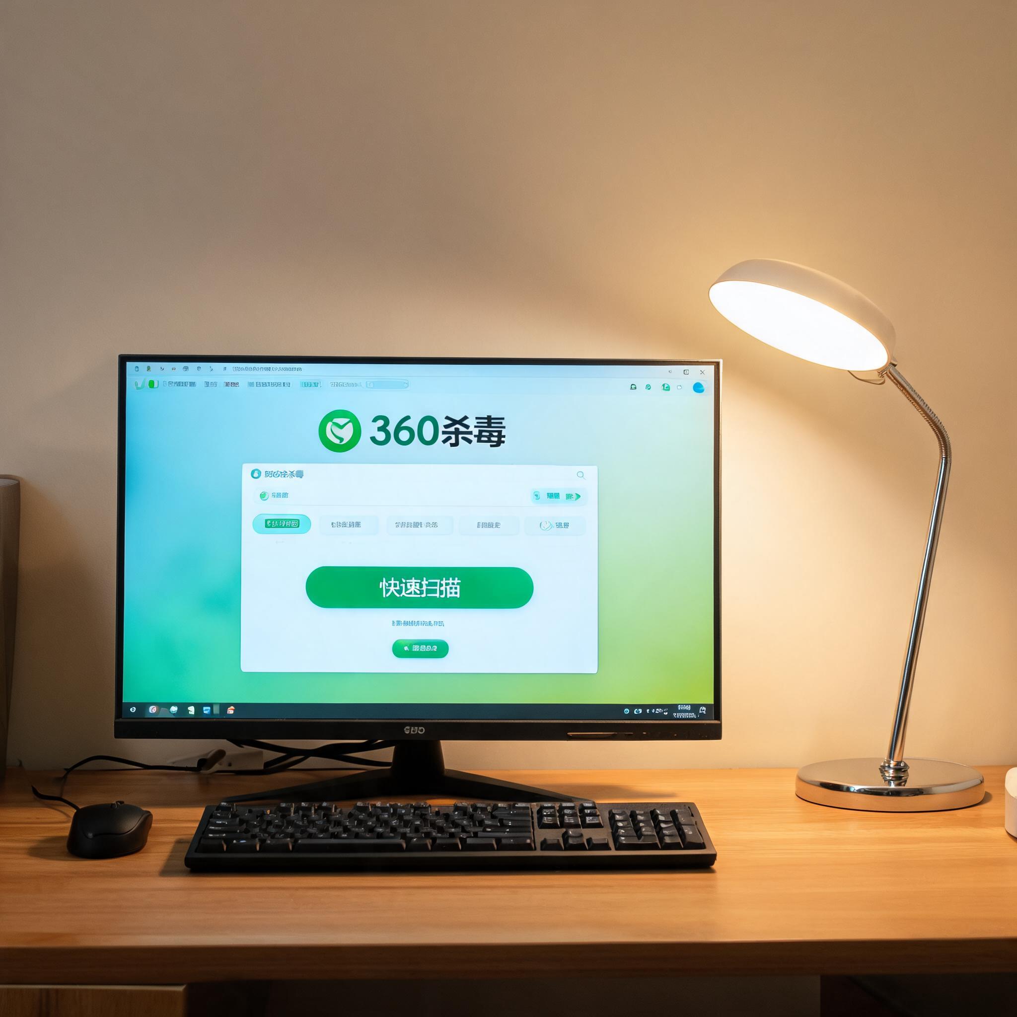 电脑桌上的电脑，屏幕显示360 杀毒电脑客户端界面，旁边放着台灯