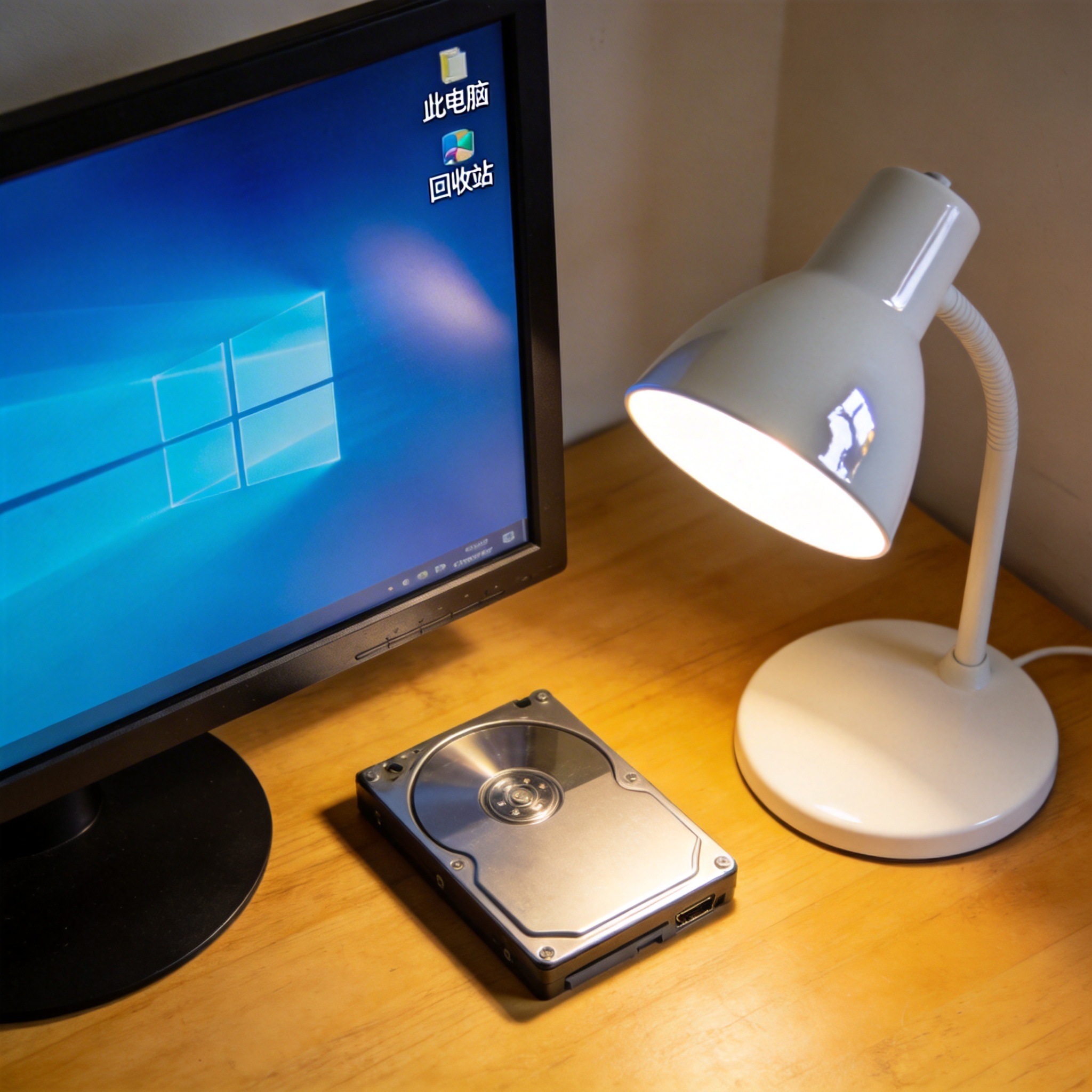 电脑桌上的硬盘，屏幕显示Windows界面，旁边放着台灯