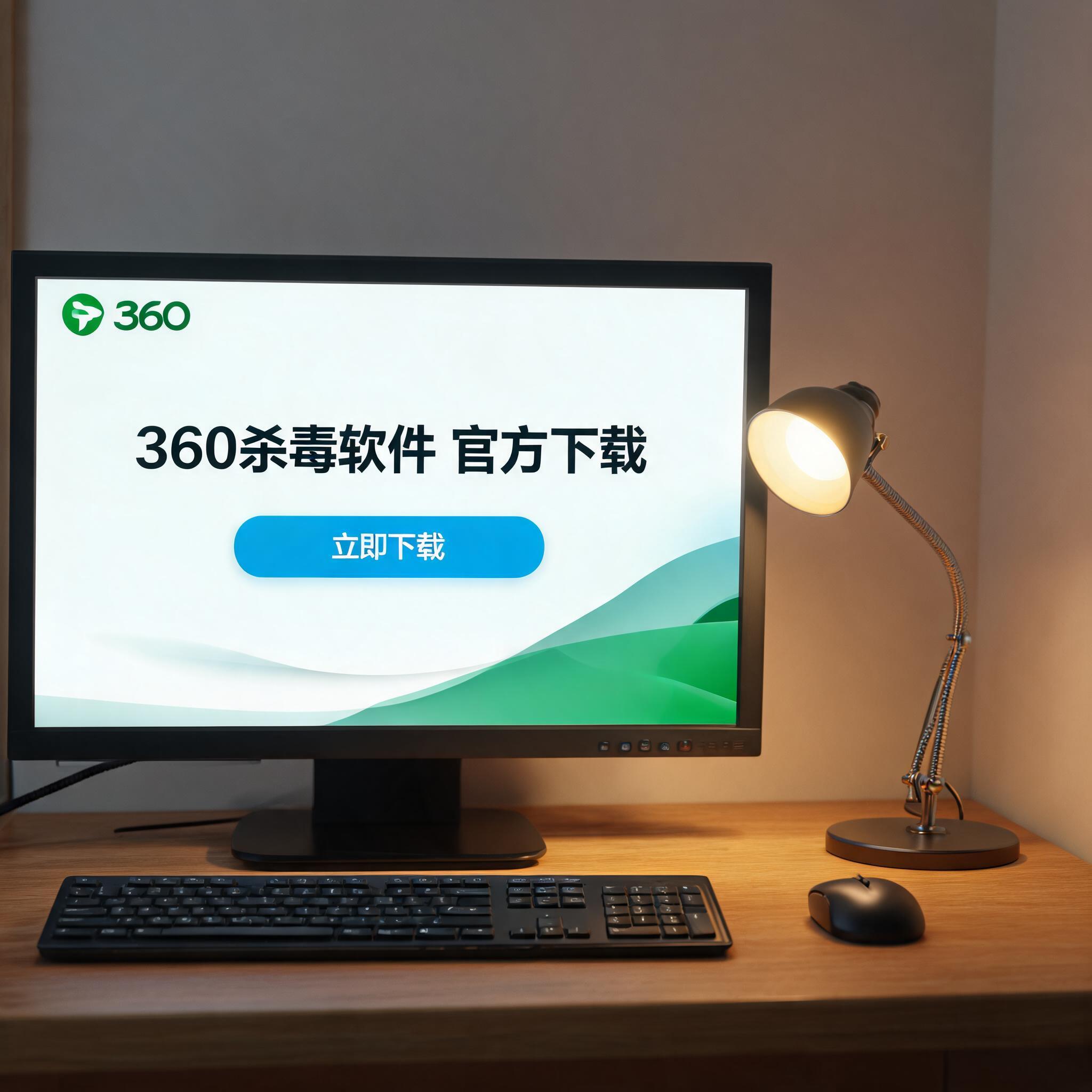 电脑桌上的电脑，屏幕显示360 杀毒软件官方下载界面，旁边放着台灯