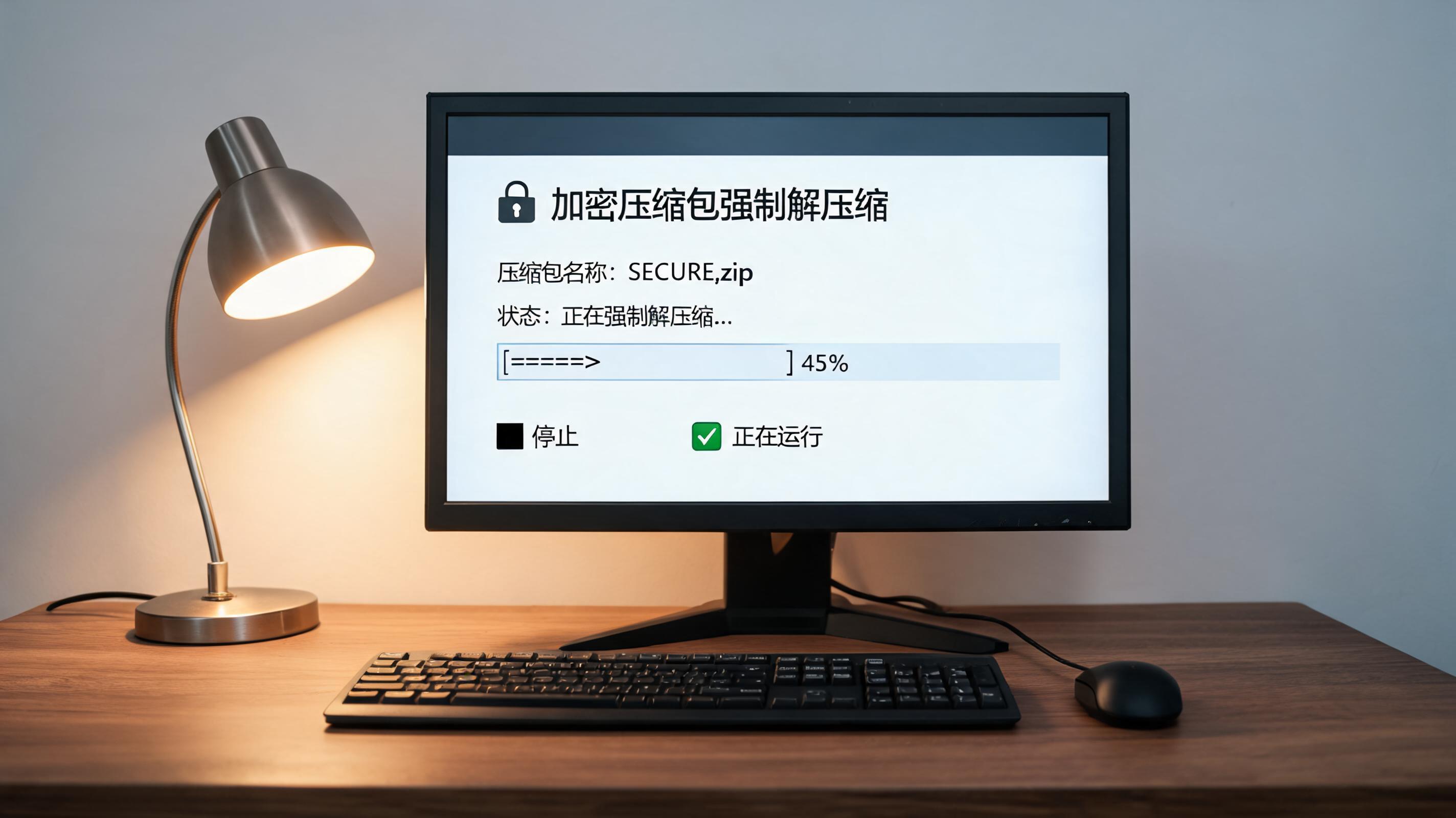 电脑桌上的电脑，屏幕显示加密压缩包强制解压缩界面，旁边放着台灯