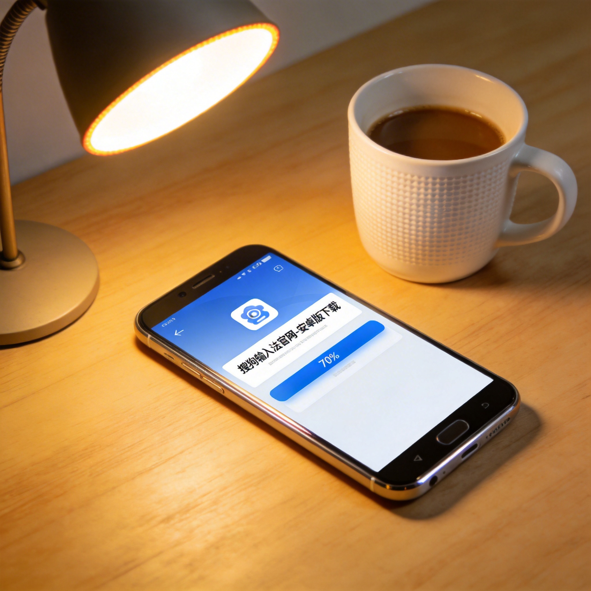 桌面的安卓手机，屏幕显示搜狗输入法官网的安卓版下载页面，下方显示下载进度条，旁边放着水杯，台灯暖光