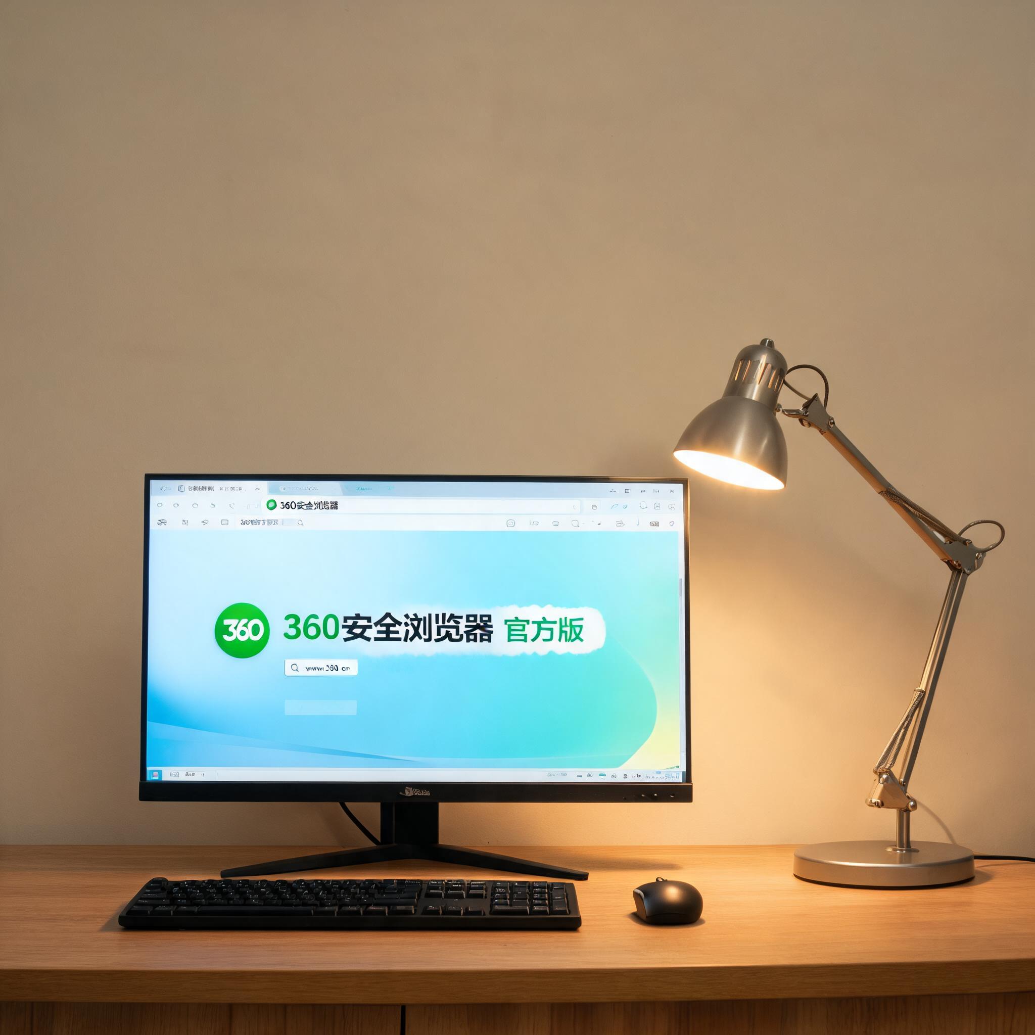 电脑桌上的电脑，屏幕显示360 安全浏览器官方版界面，旁边放着台灯