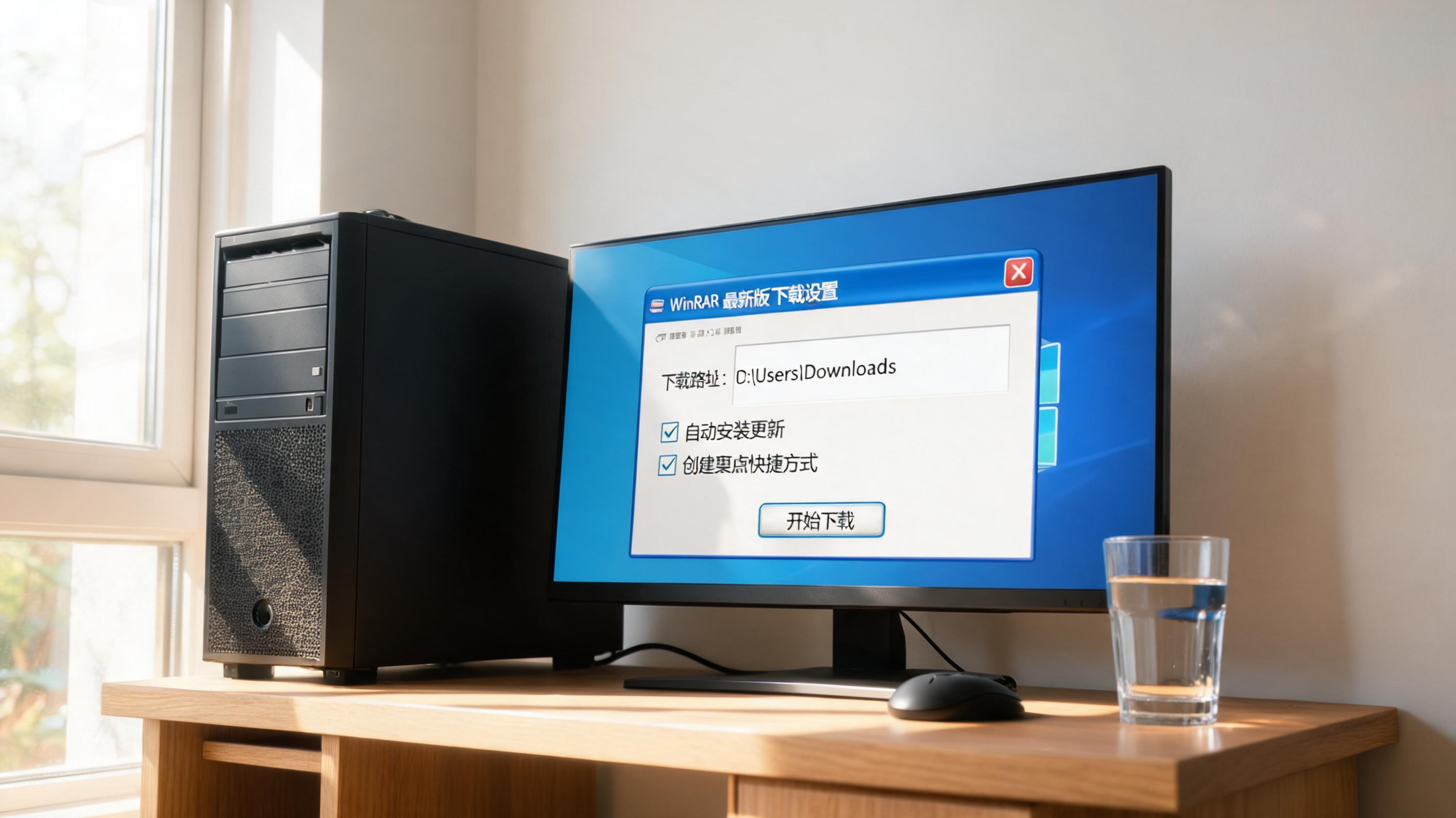 书桌上的主机，屏幕显示win 压缩工具最新版下载设置界面，桌角放着水杯，自然光
