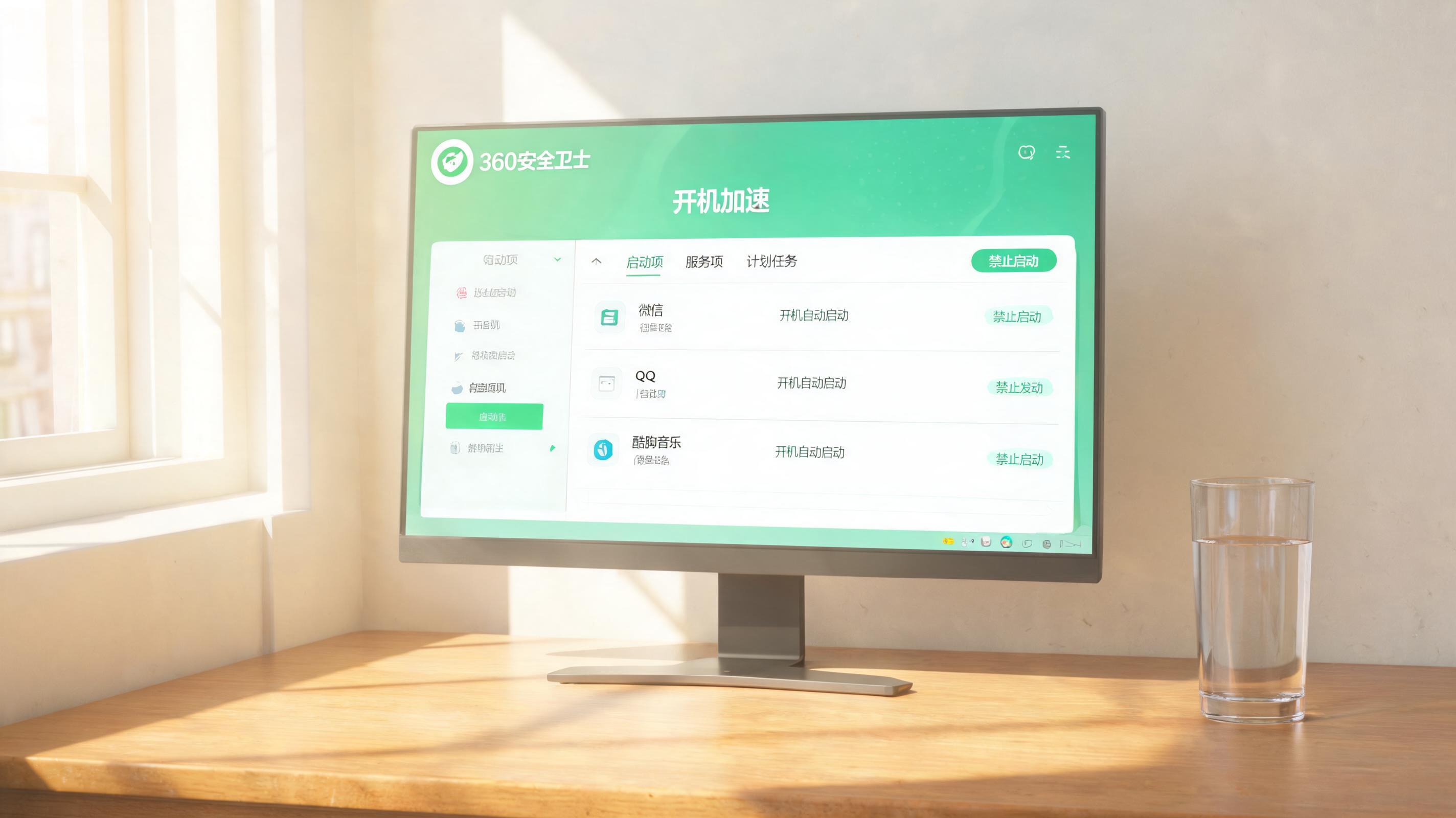 书桌上的电脑，屏幕显示360 安全卫士开机加速设置设置界面，桌角放着水杯，自然光