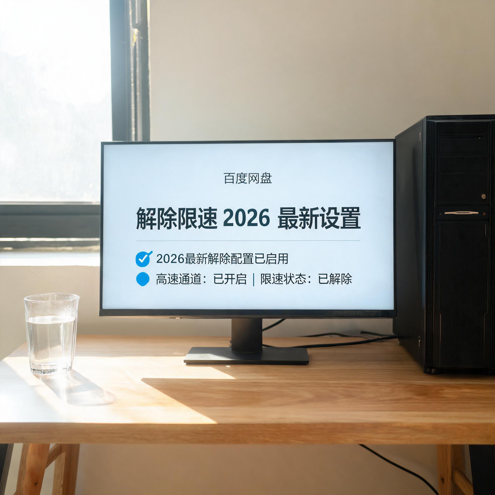 书桌上的主机，屏幕显示百度网盘解除限速 2026 最新设置界面，桌角放着水杯，自然光