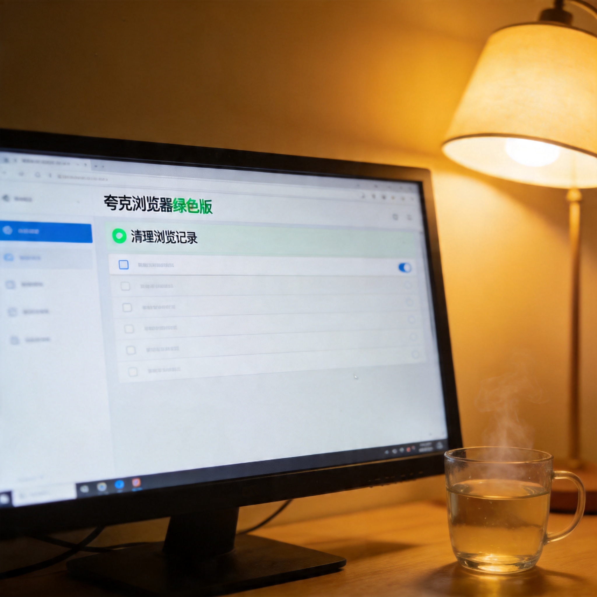 电脑屏幕显示夸克浏览器绿色版的设置界面，页面停在清理浏览记录选项，桌面角落有半杯温水，台灯暖光