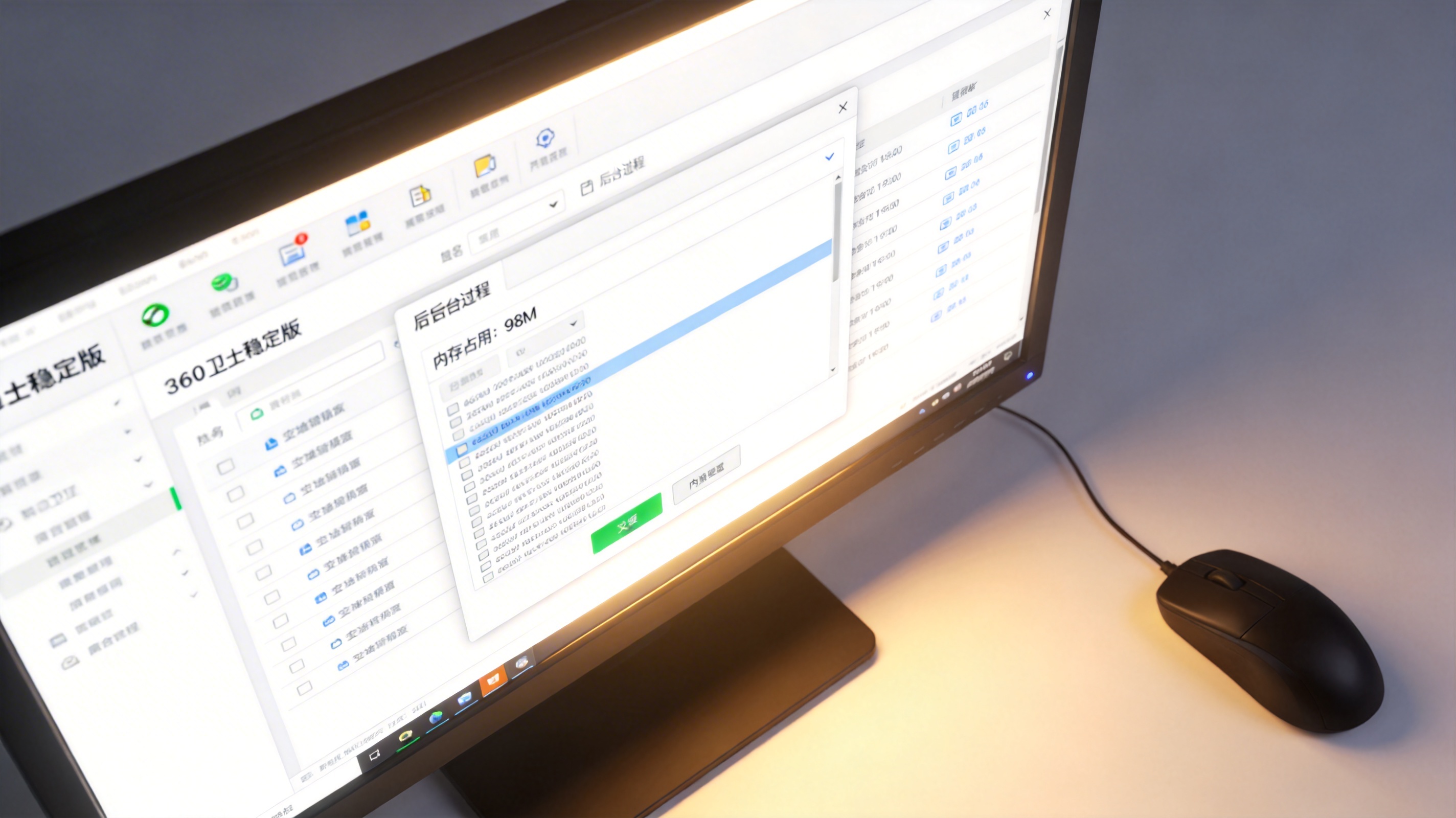 电脑屏幕显示360卫士稳定版的后台进程界面，显示内存占用为98M，桌面角落放着有线鼠标，屏幕光为主照明