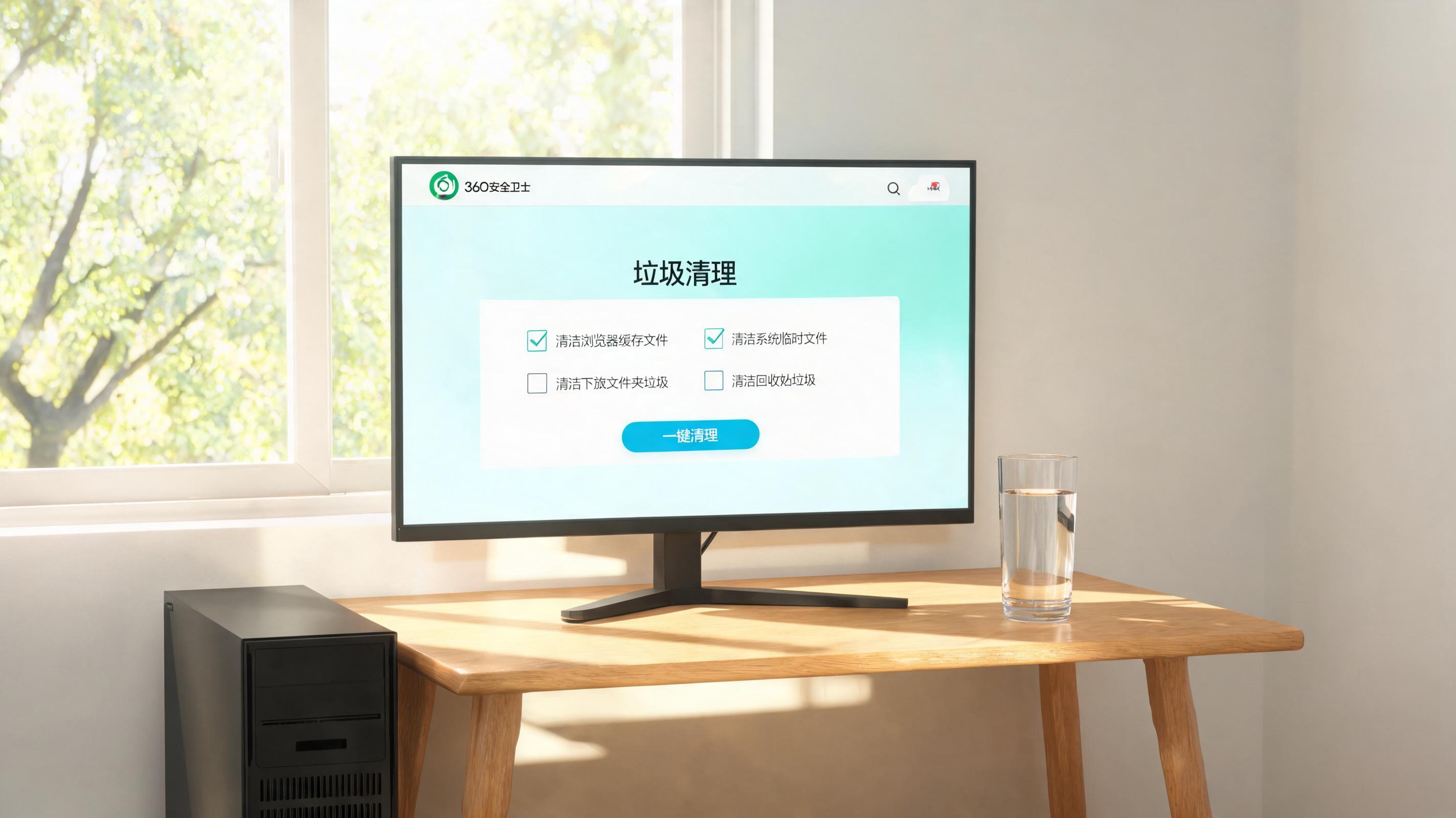 书桌上的主机，屏幕显示360 安全卫士垃圾清理设置界面，桌角放着水杯，自然光