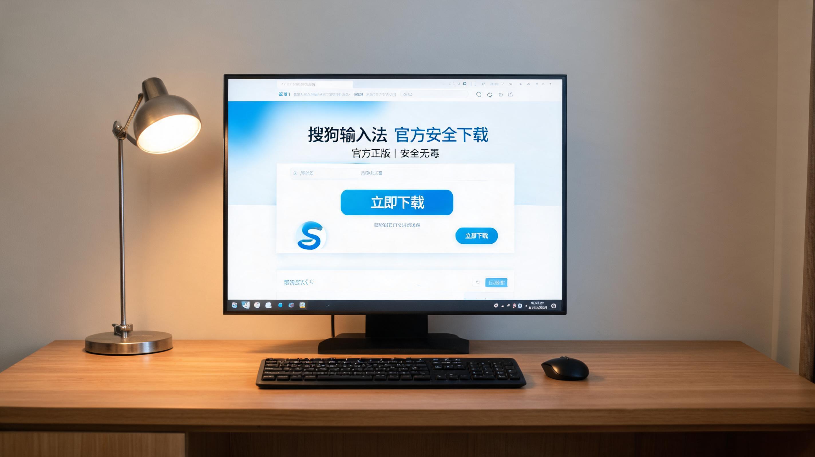 电脑桌上的电脑，屏幕显示搜狗输入法安全官方下载界面，旁边放着台灯