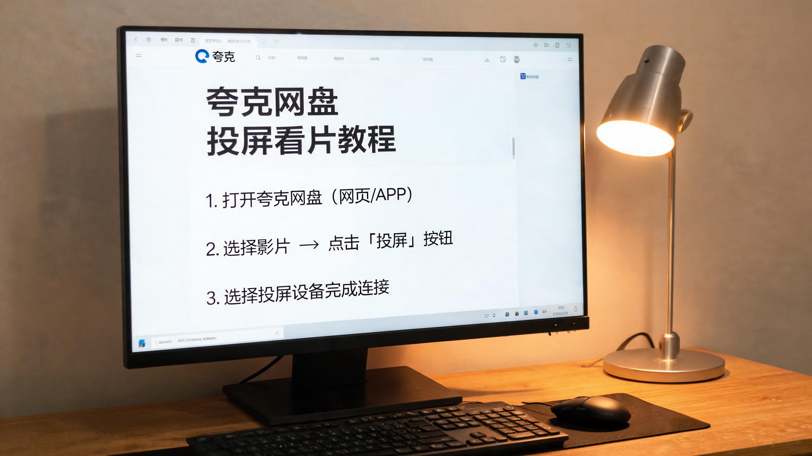 电脑桌上的屏幕，屏幕显示夸克网盘投屏看片教程界面，旁边放着台灯