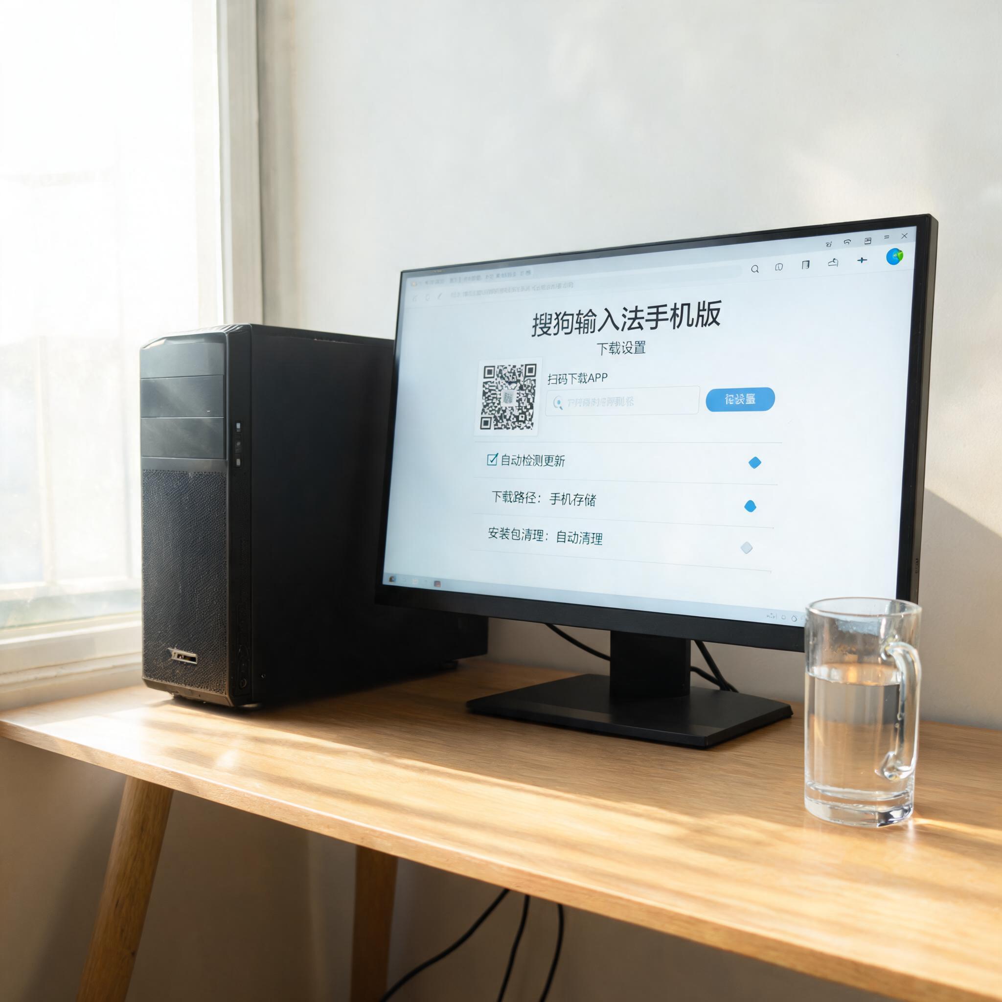 书桌上的主机，屏幕显示搜狗输入法手机版下载设置界面，桌角放着水杯，自然光