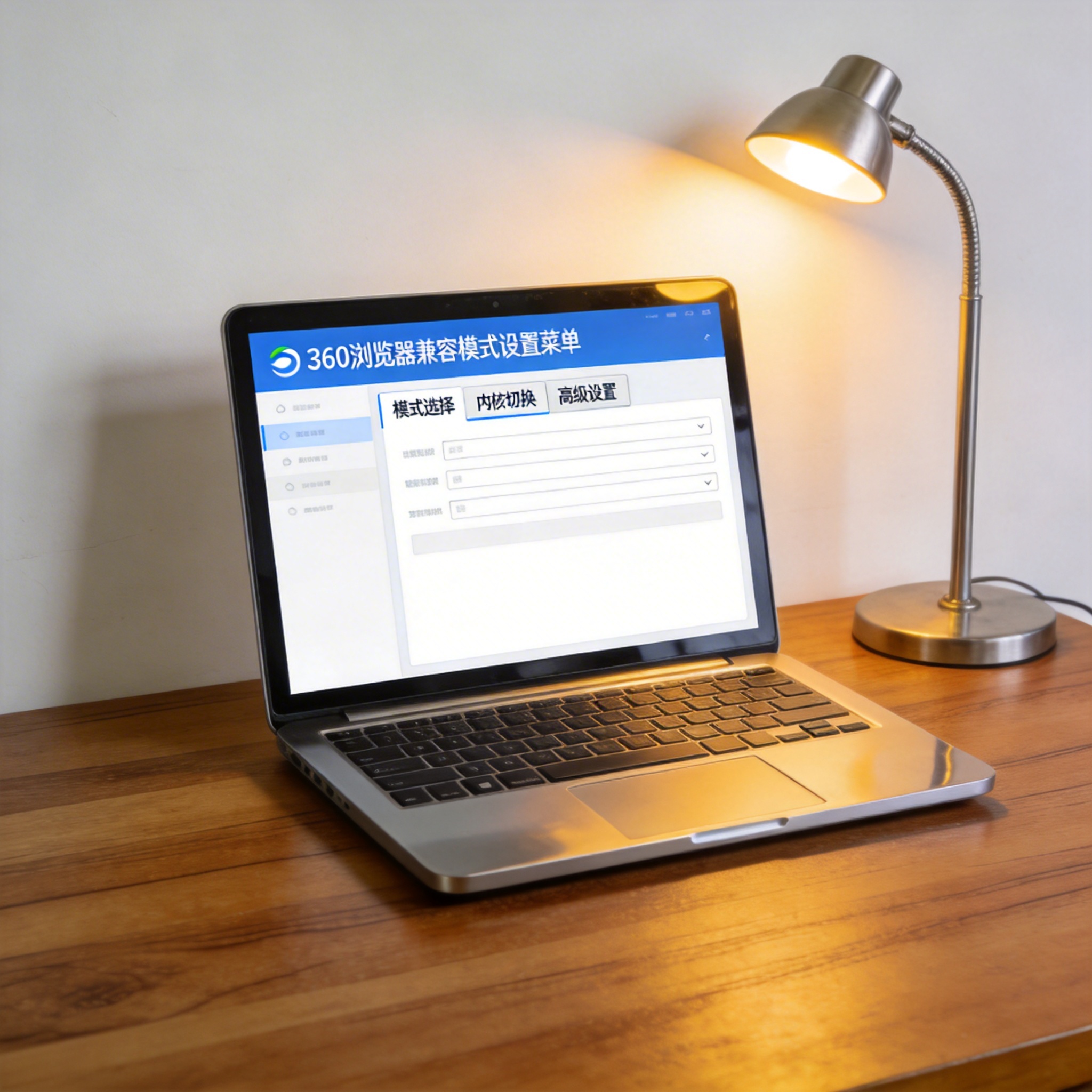 电脑桌上的电脑，屏幕显示360 浏览器兼容模式设置菜单，旁边放着台灯