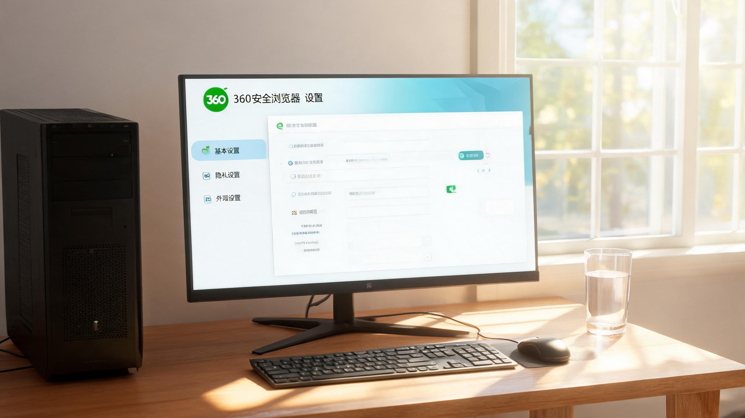书桌上的主机，屏幕显示360 安全浏览器电脑版设置界面，桌角放着水杯，自然光