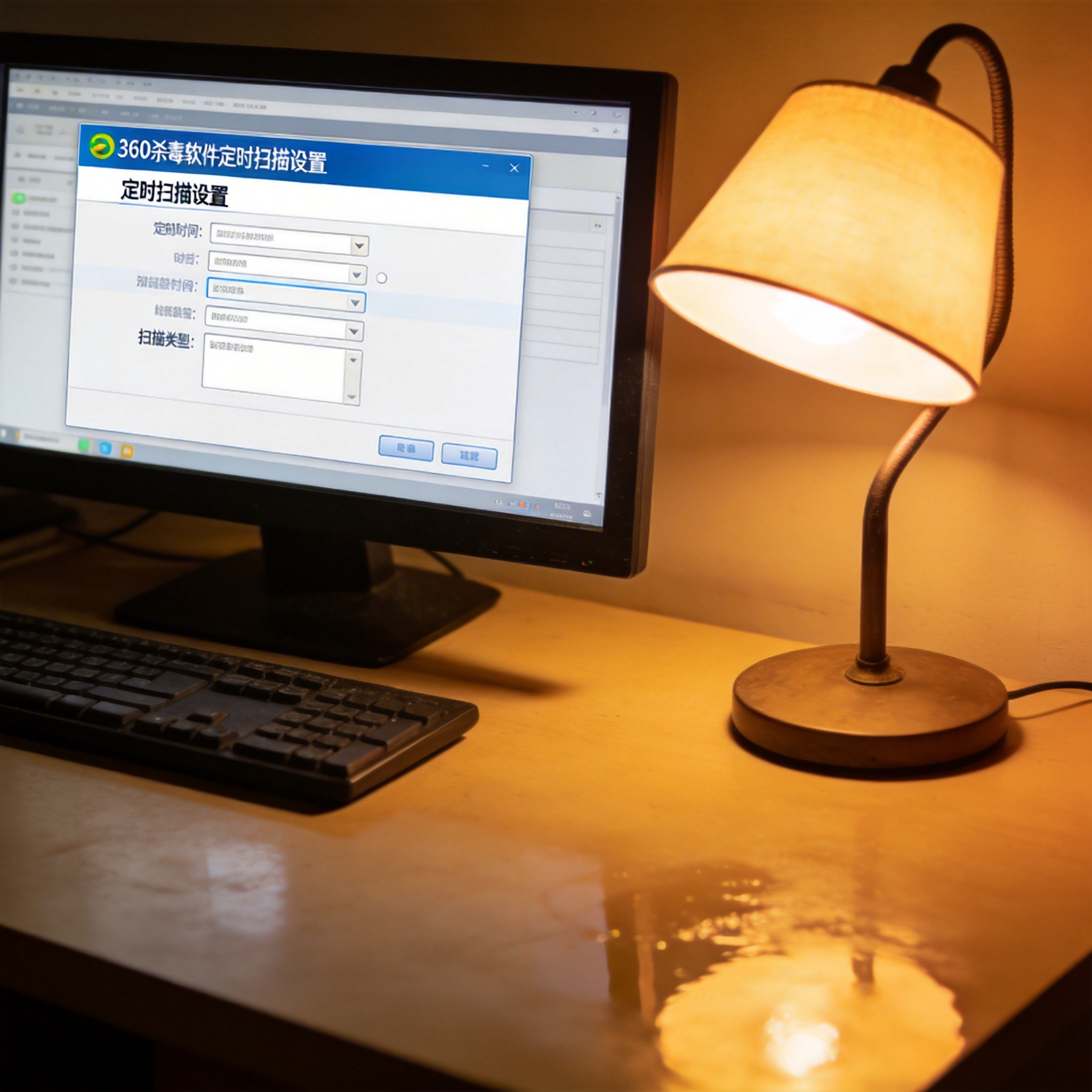 电脑桌上的电脑，屏幕显示360 杀毒软件定时扫描设置界面，旁边放着台灯