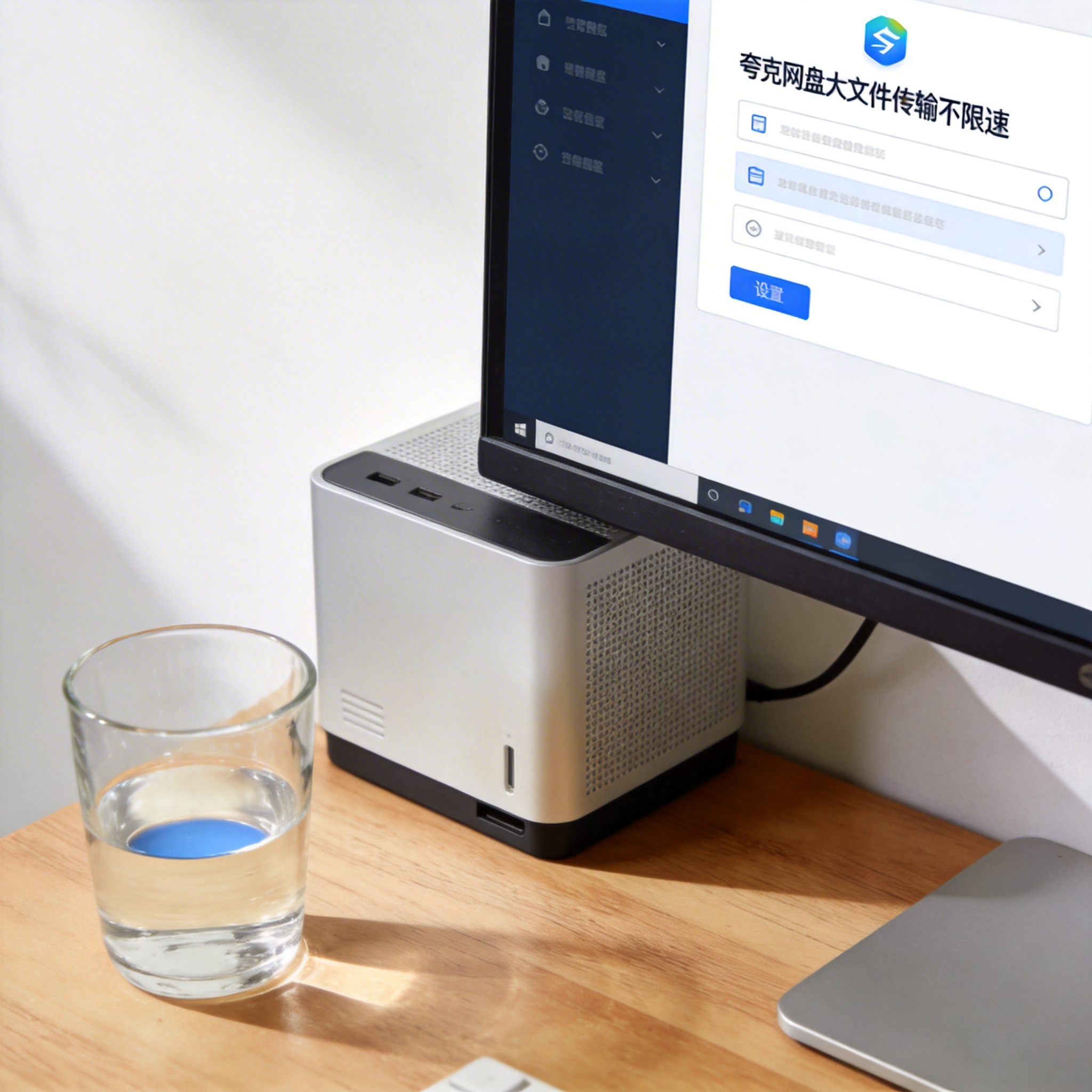 书桌上的主机，屏幕显示夸克网盘大文件传输不限速设置界面，桌角放着水杯，自然光