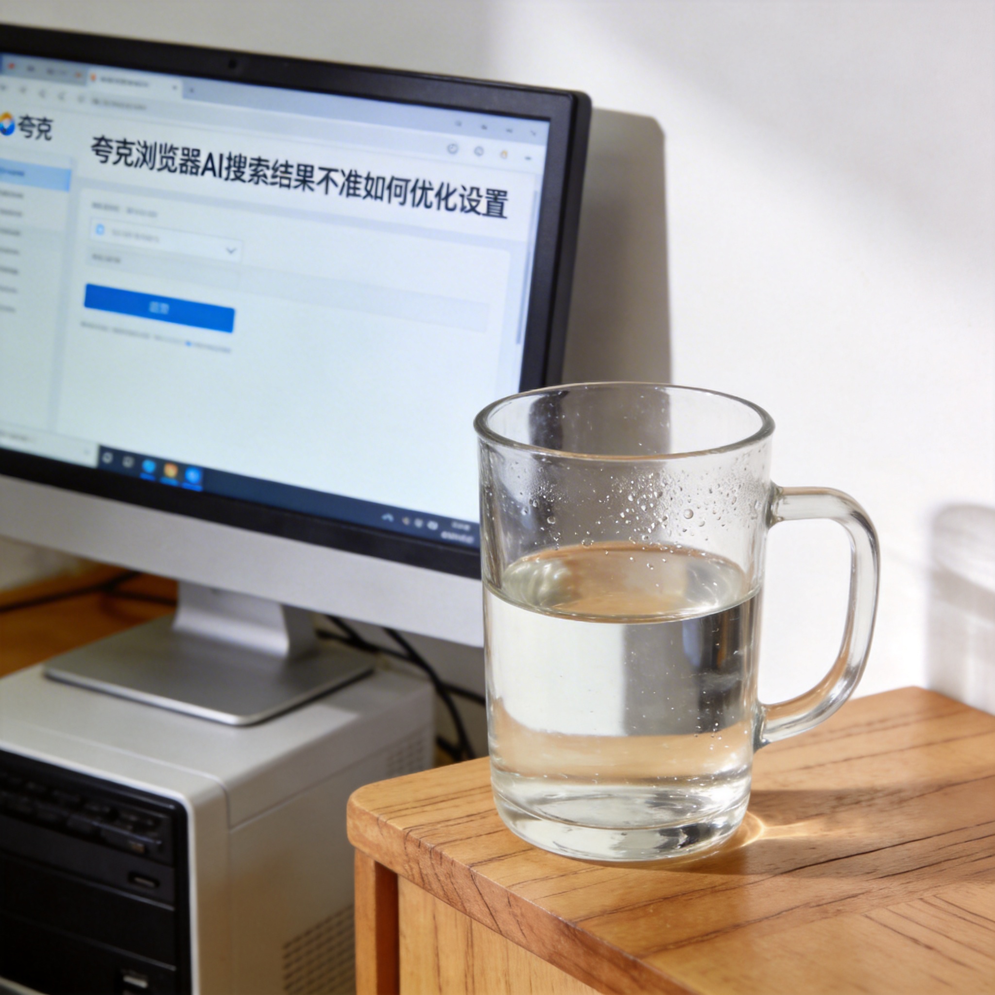 书桌上的主机，屏幕显示夸克浏览器 AI 搜索结果不准如何优化设置界面，桌角放着水杯，自然光