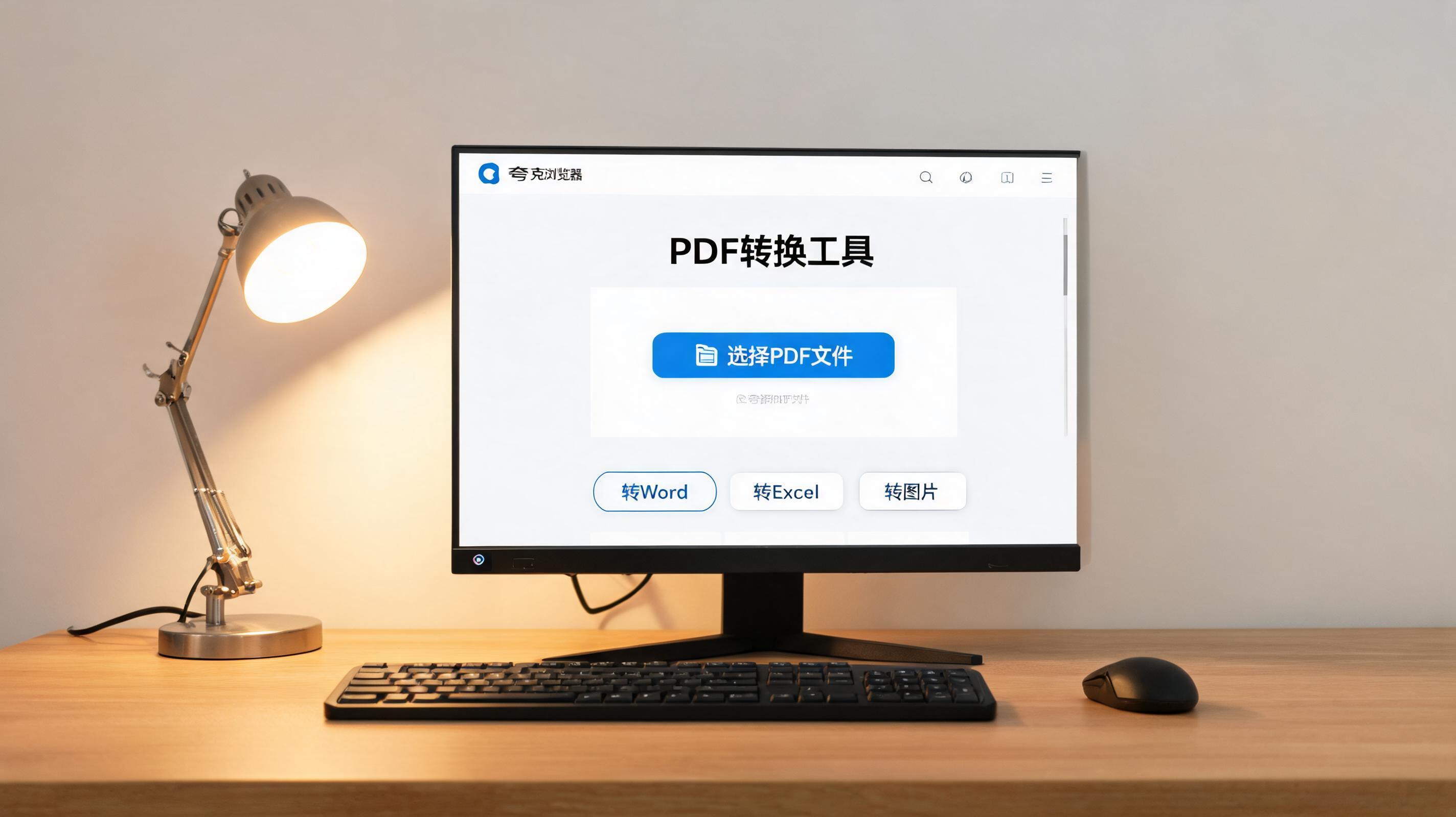 电脑桌上的电脑，屏幕显示夸克浏览器 PDF 转换工具界面，旁边放着台灯