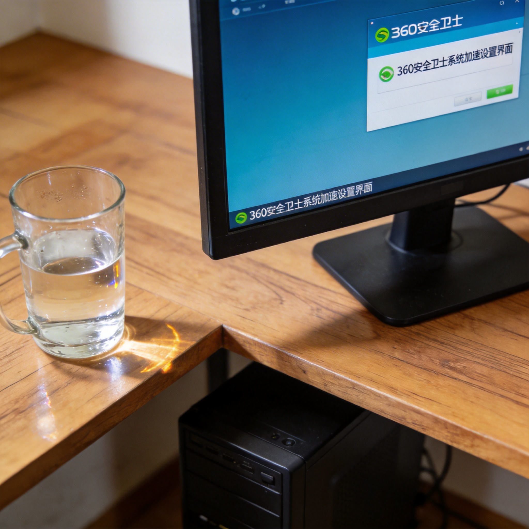 书桌上的主机，屏幕显示360 安全卫士系统加速设置界面，桌角放着水杯，自然光