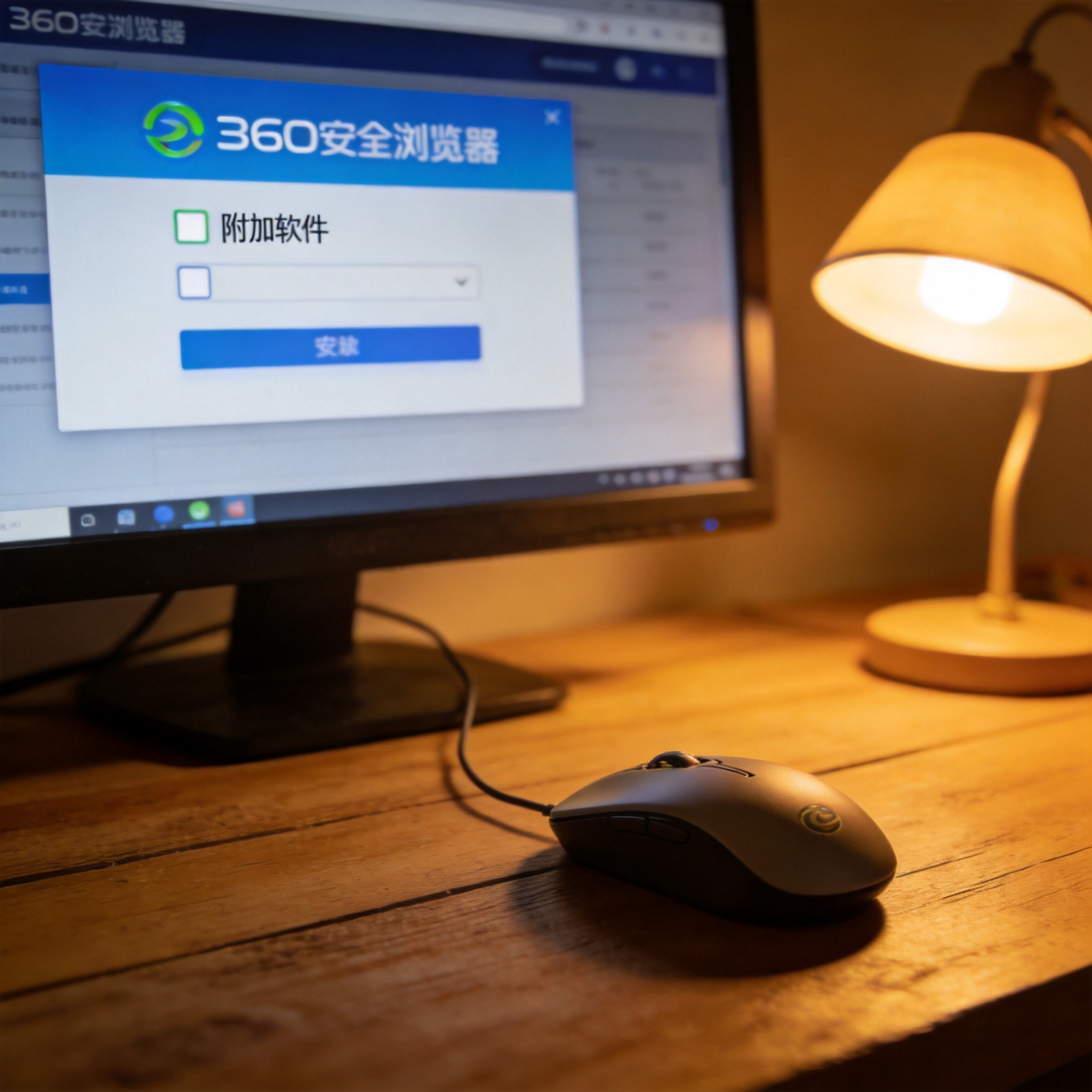 电脑屏幕显示360安全浏览器安装界面，界面上有附加软件勾选框，旁边的桌面放着有线鼠标，台灯暖光