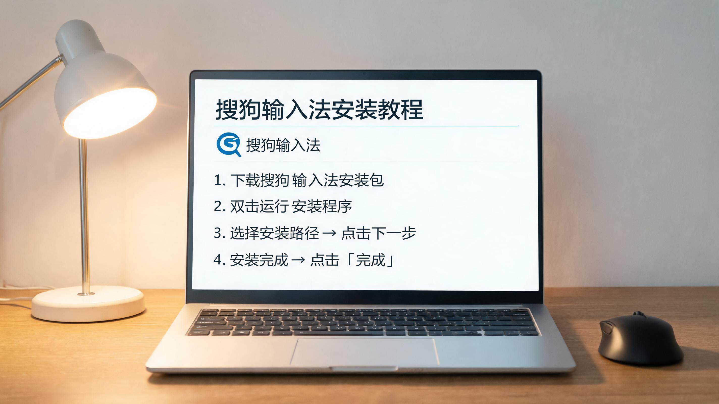 电脑桌上的笔记本，屏幕显示搜狗输入法安装教程界面，旁边放着台灯