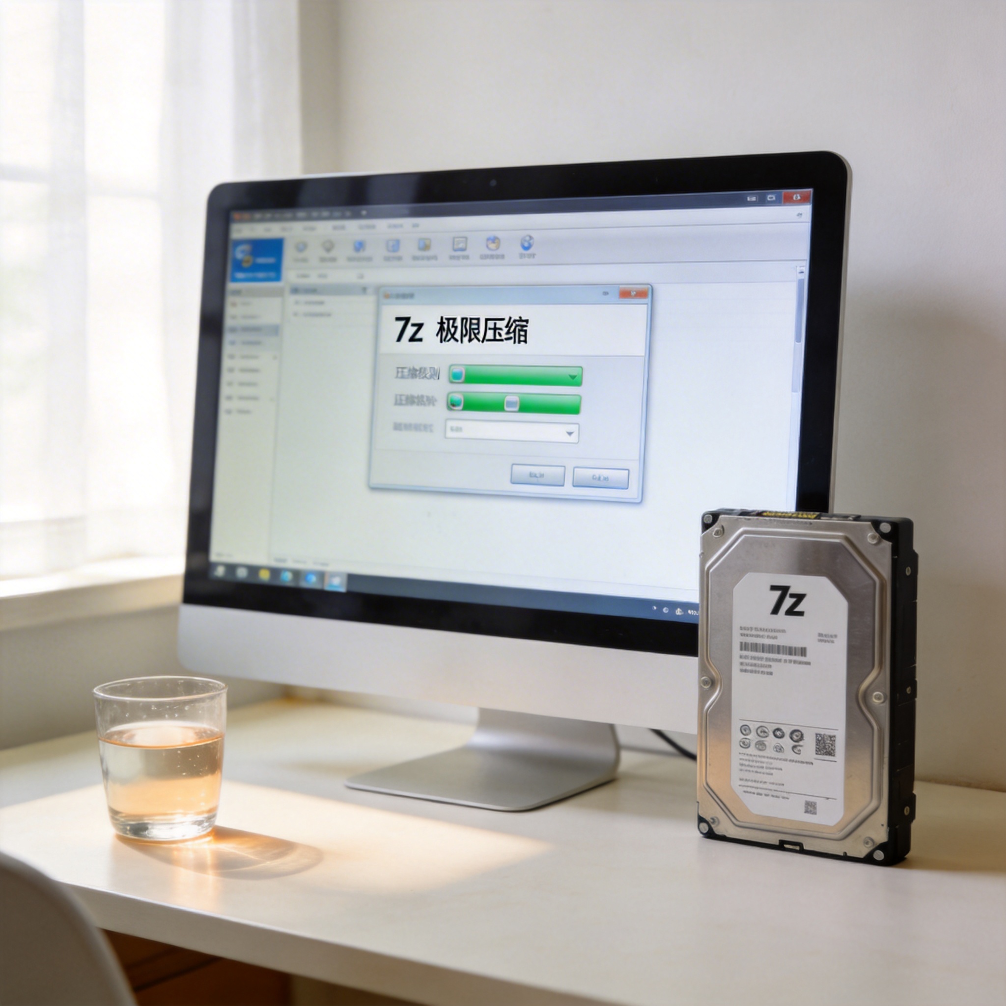 电脑桌的电脑屏幕显示7z压缩软件界面，压缩级别选在极限压缩，旁边放着硬盘，桌面有半杯温水，自然光