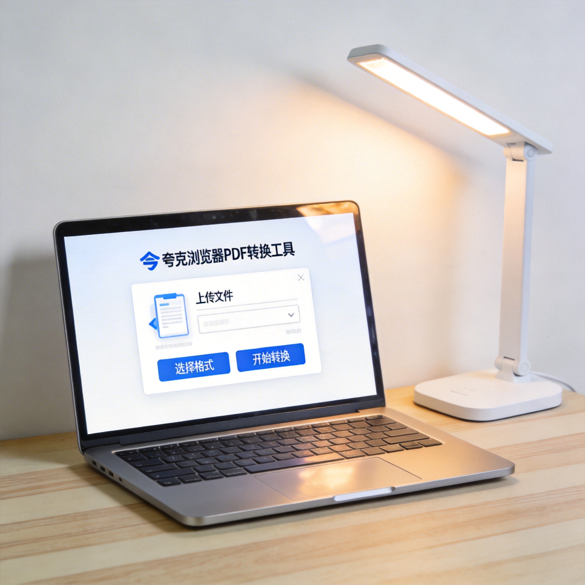 电脑桌上的电脑，屏幕显示夸克浏览器 PDF 转换工具界面，旁边放着台灯