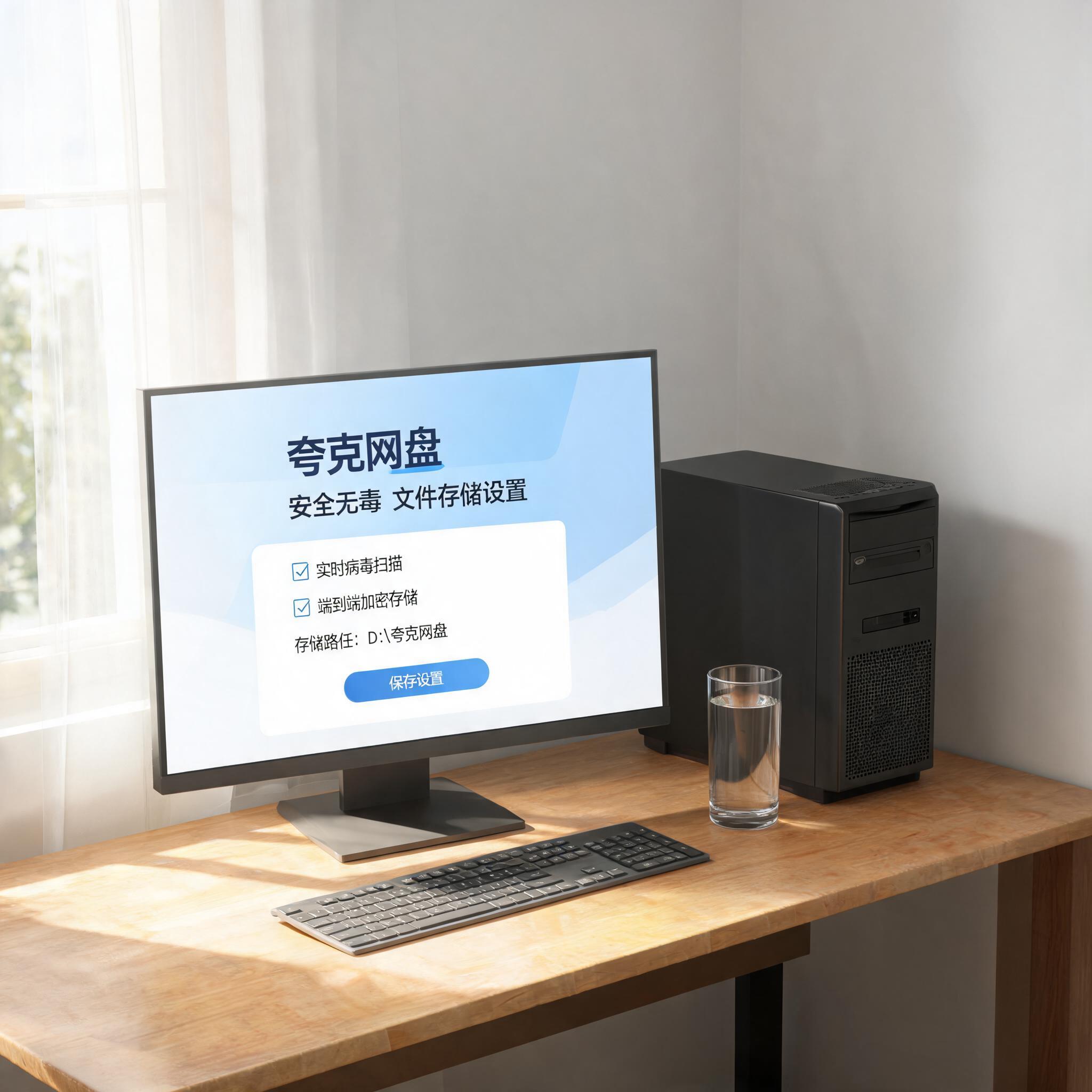 书桌上的主机，屏幕显示夸克网盘安全无毒文件存储设置界面，桌角放着水杯，自然光