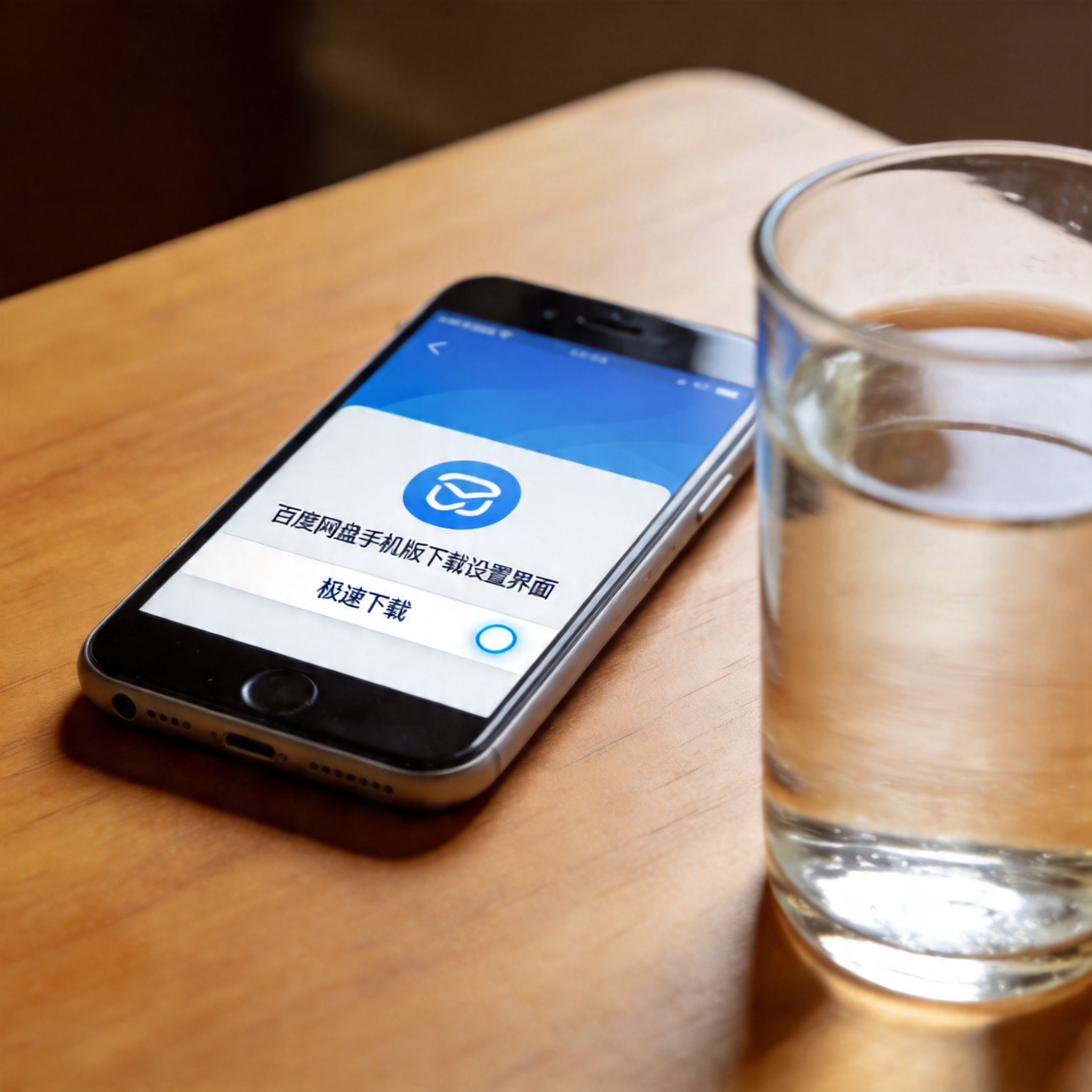 桌面放着的手机，屏幕显示百度网盘手机版下载设置界面，“极速下载”选项已勾选，旁边有半杯温水，室内自然光