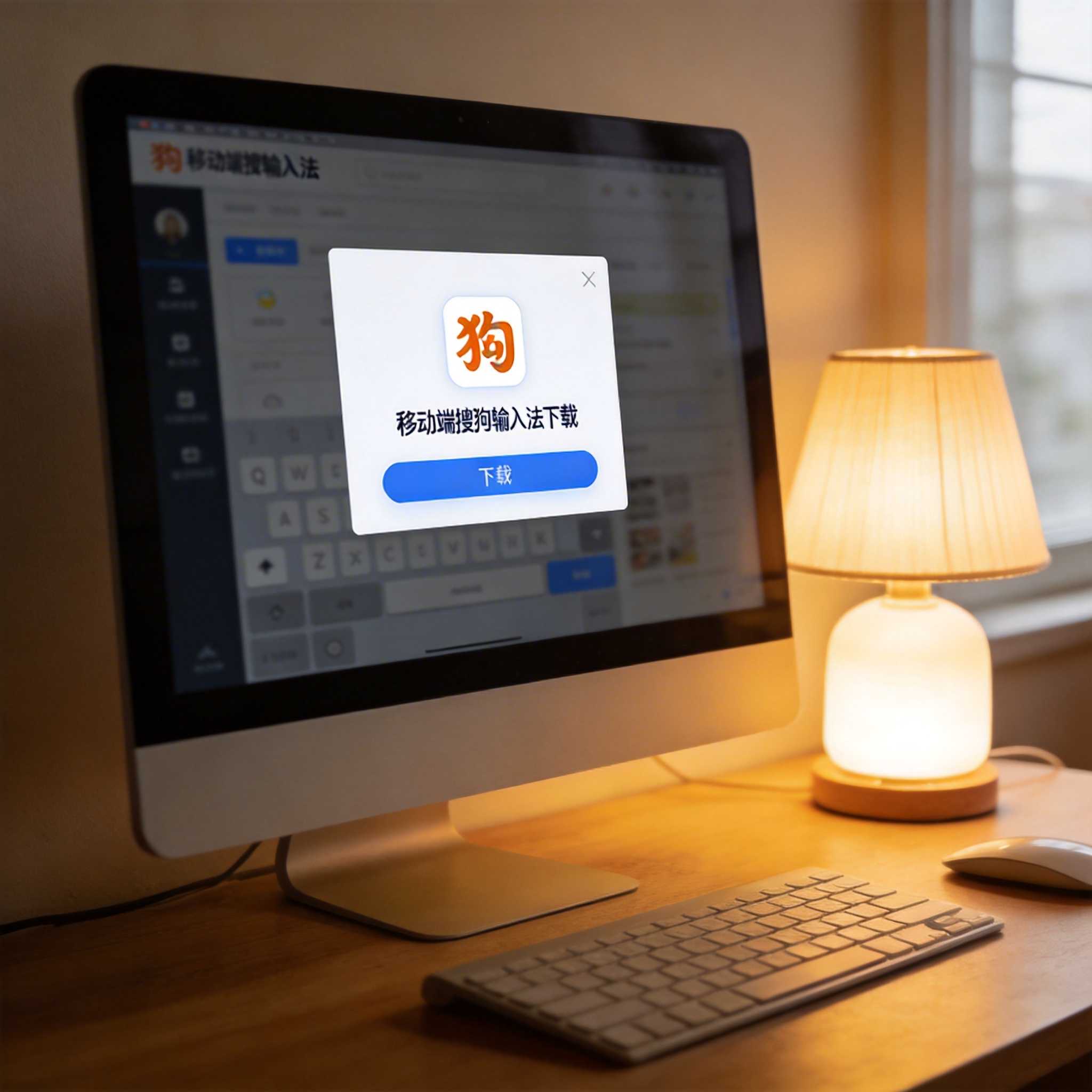 电脑桌上的电脑，屏幕显示移动端搜狗输入法下载界面，旁边放着台灯