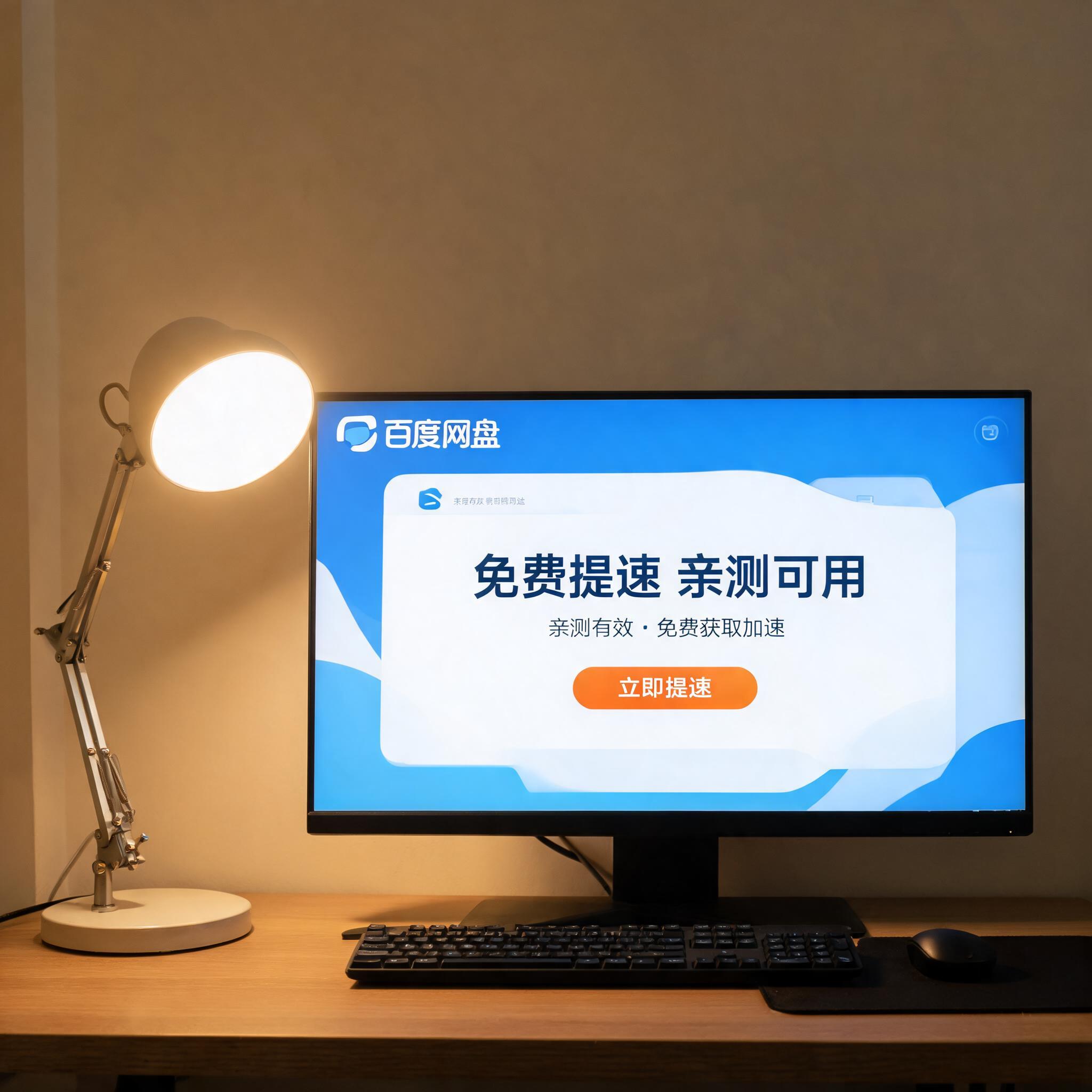 电脑桌上的电脑，屏幕显示百度网盘免费提速亲测可用界面，旁边放着台灯