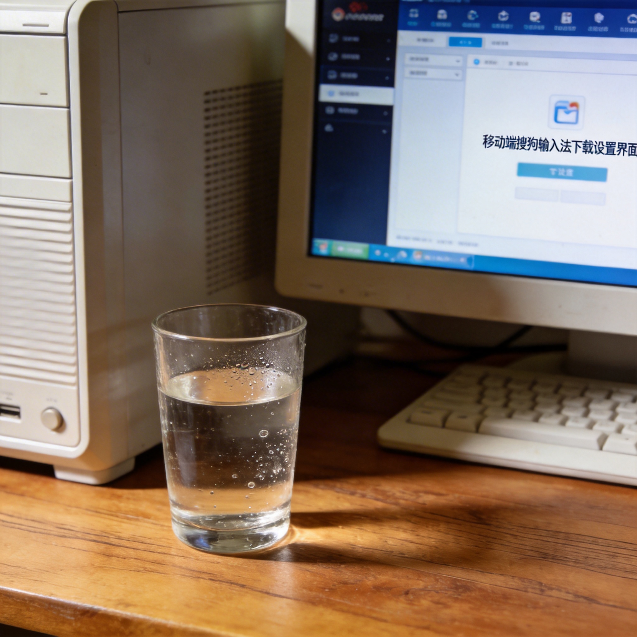 书桌上的主机，屏幕显示移动端搜狗输入法下载设置界面，桌角放着水杯，自然光
