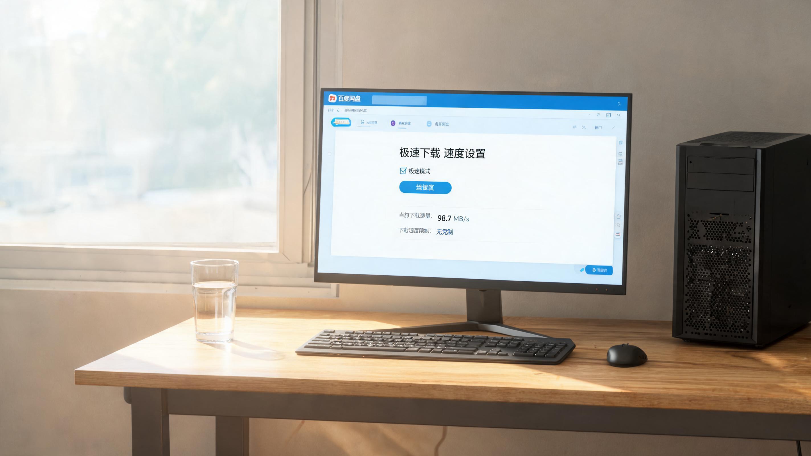 书桌上的主机，屏幕显示百度网盘极速下载真实速度设置界面，桌角放着水杯，自然光
