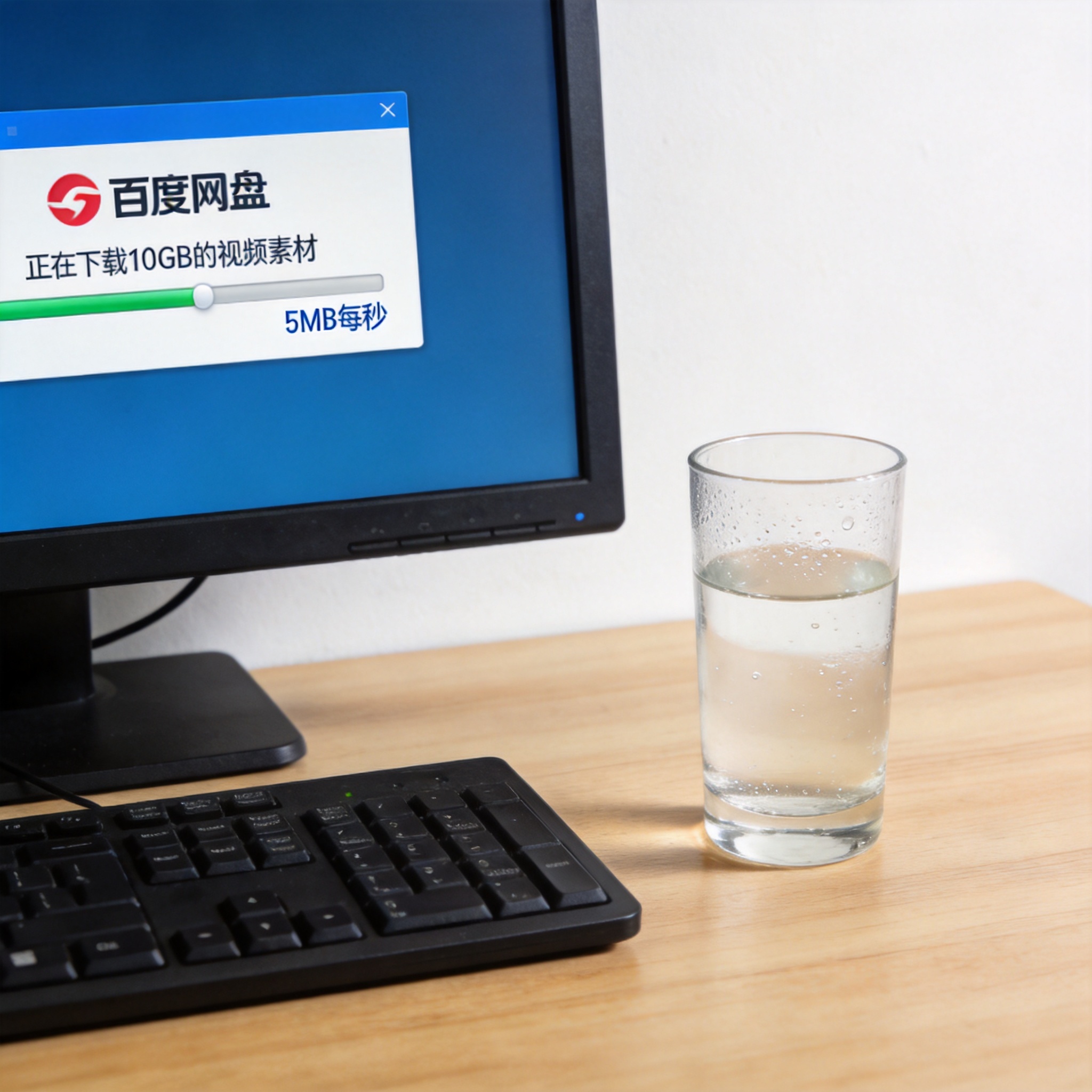 电脑桌的电脑屏幕显示百度网盘下载界面，进度条旁标注5MB每秒，正在下载10GB的视频素材，桌面放着半杯温水，室内自然光