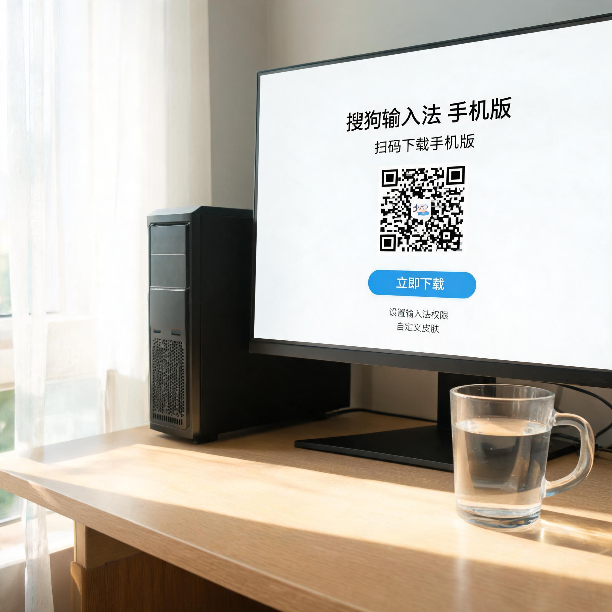 书桌上的主机，屏幕显示搜狗输入法手机版下载设置界面，桌角放着水杯，自然光