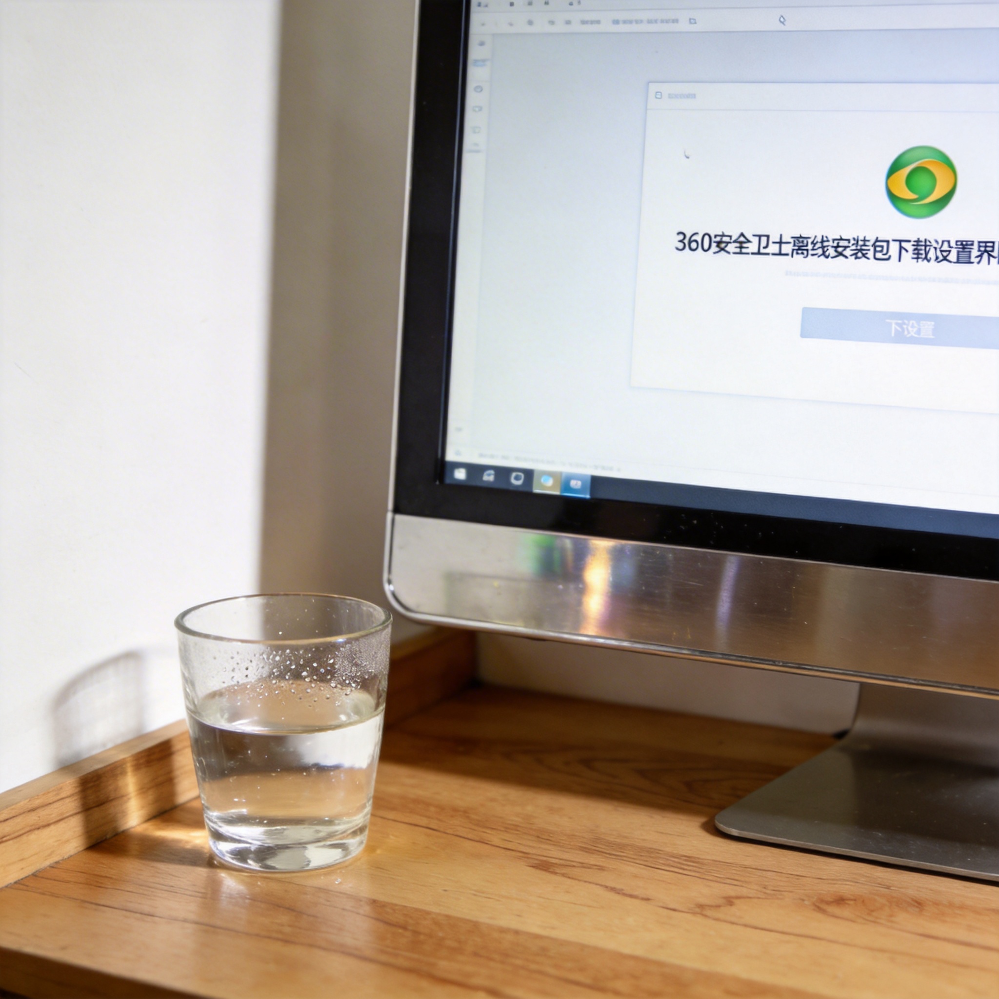 书桌上的电脑，屏幕显示360 安全卫士离线安装包下载设置界面，桌角放着水杯，自然光