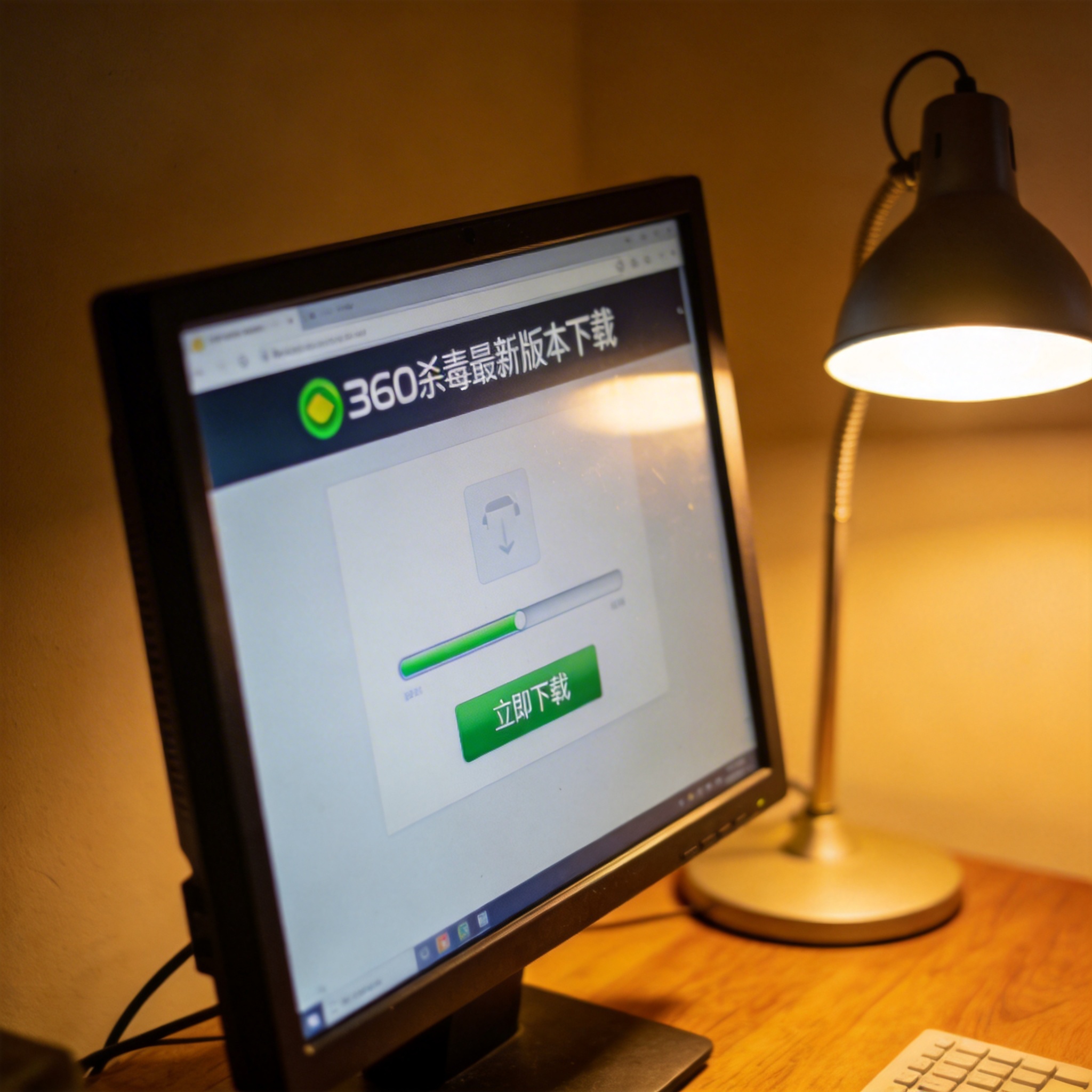 电脑桌上的电脑，屏幕显示360 杀毒最新版本下载界面，旁边放着台灯