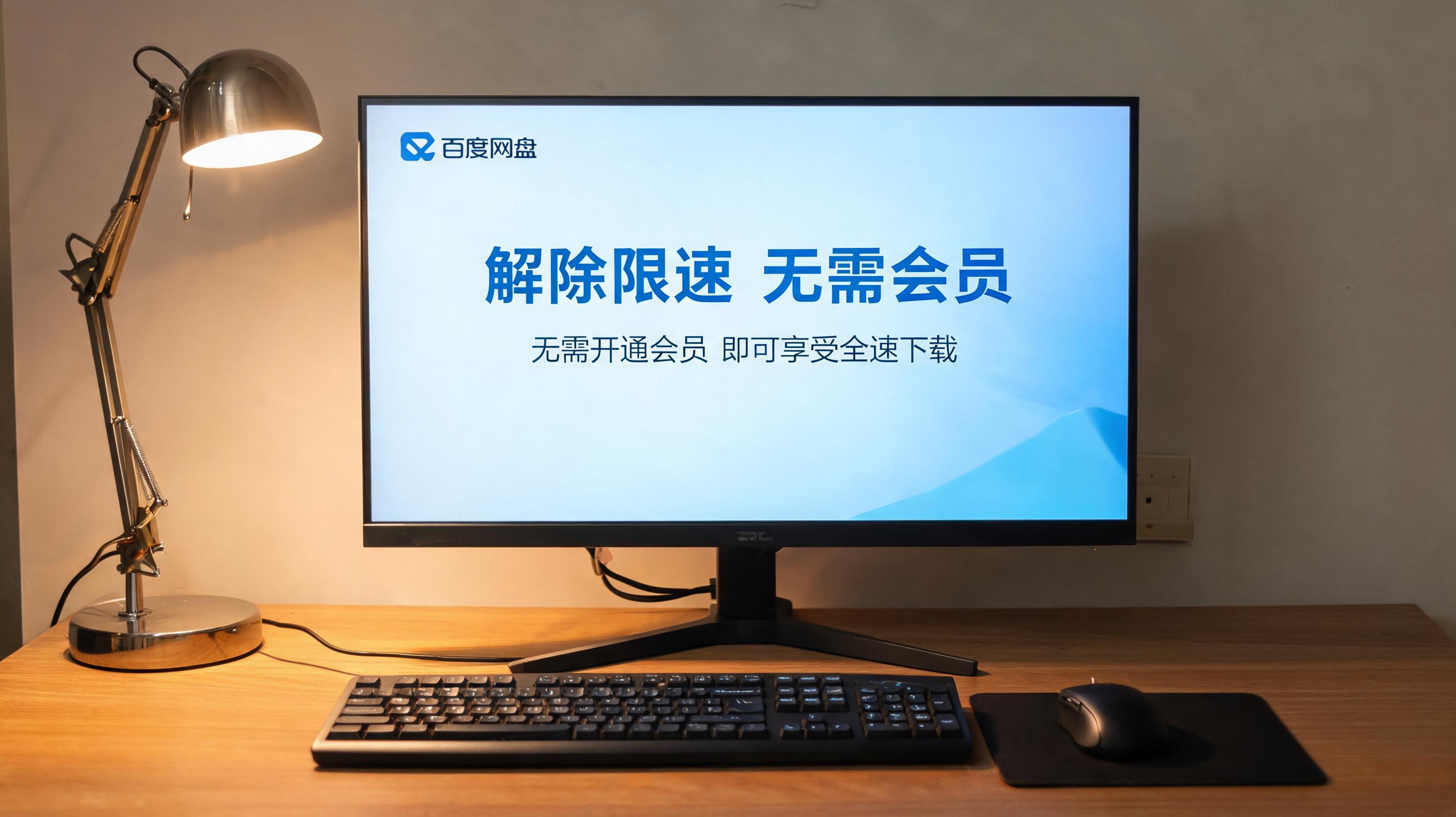 电脑桌上的电脑，屏幕显示百度网盘解除限速无需会员界面，旁边放着台灯