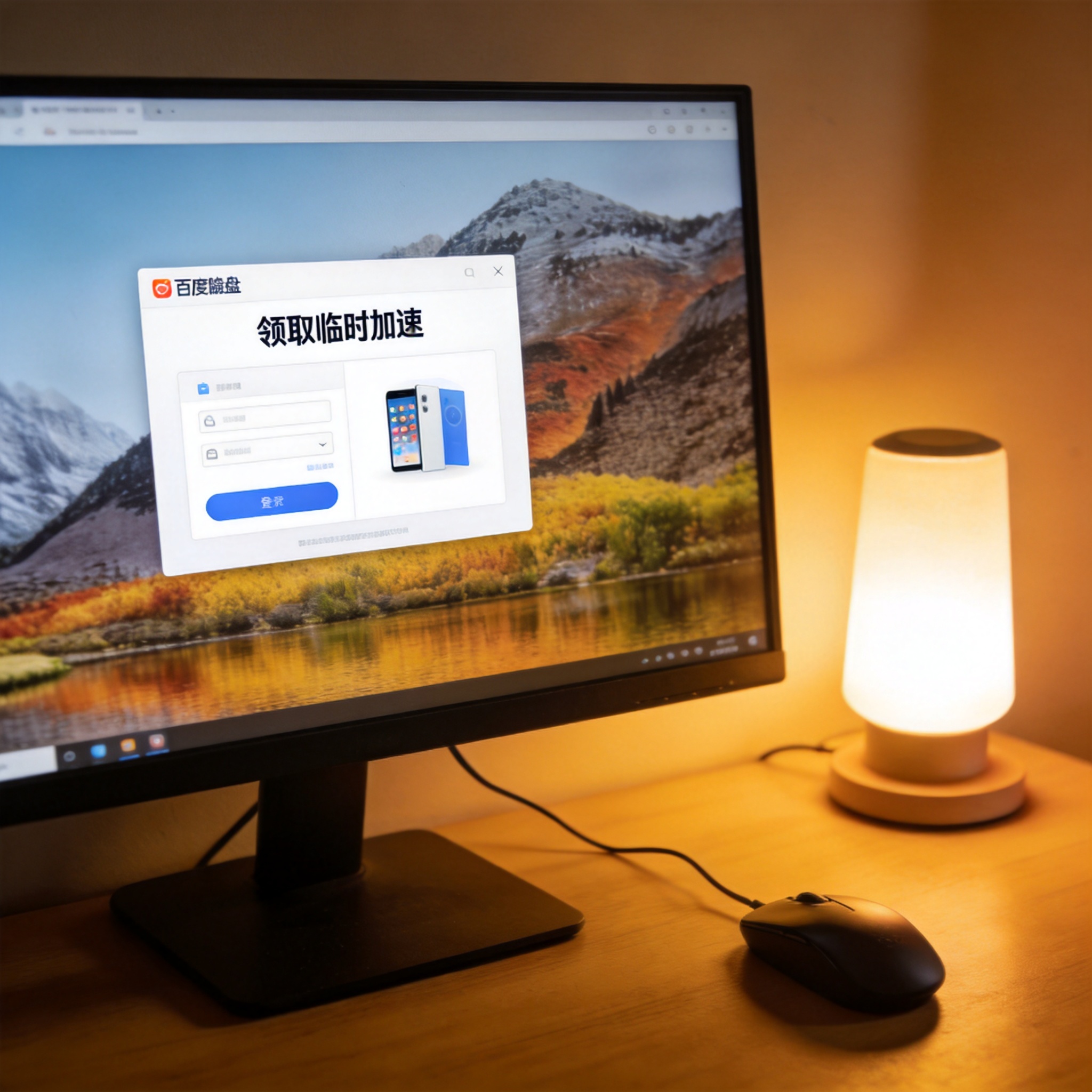电脑屏幕显示百度网盘“领取临时加速”弹窗，桌面背景是默认风景图，旁边摆着有线鼠标，台灯暖光
