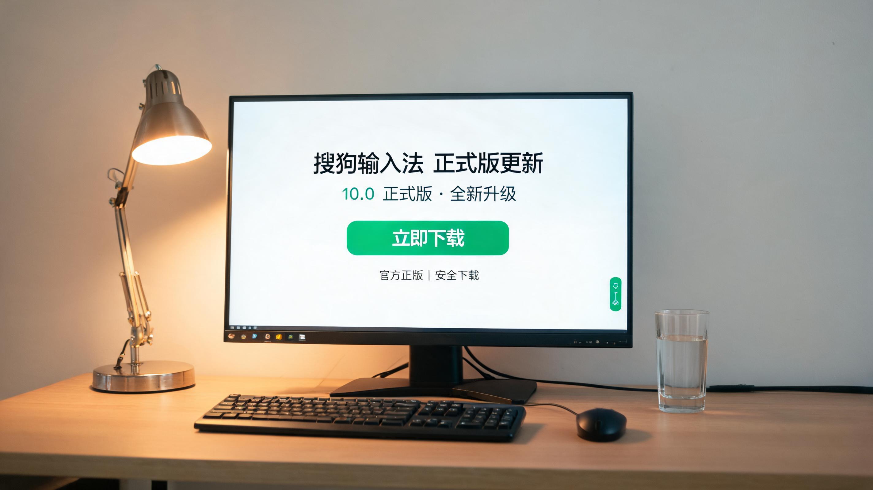 电脑桌上的电脑，屏幕显示搜狗输入法正式版更新下载界面，旁边放着台灯
